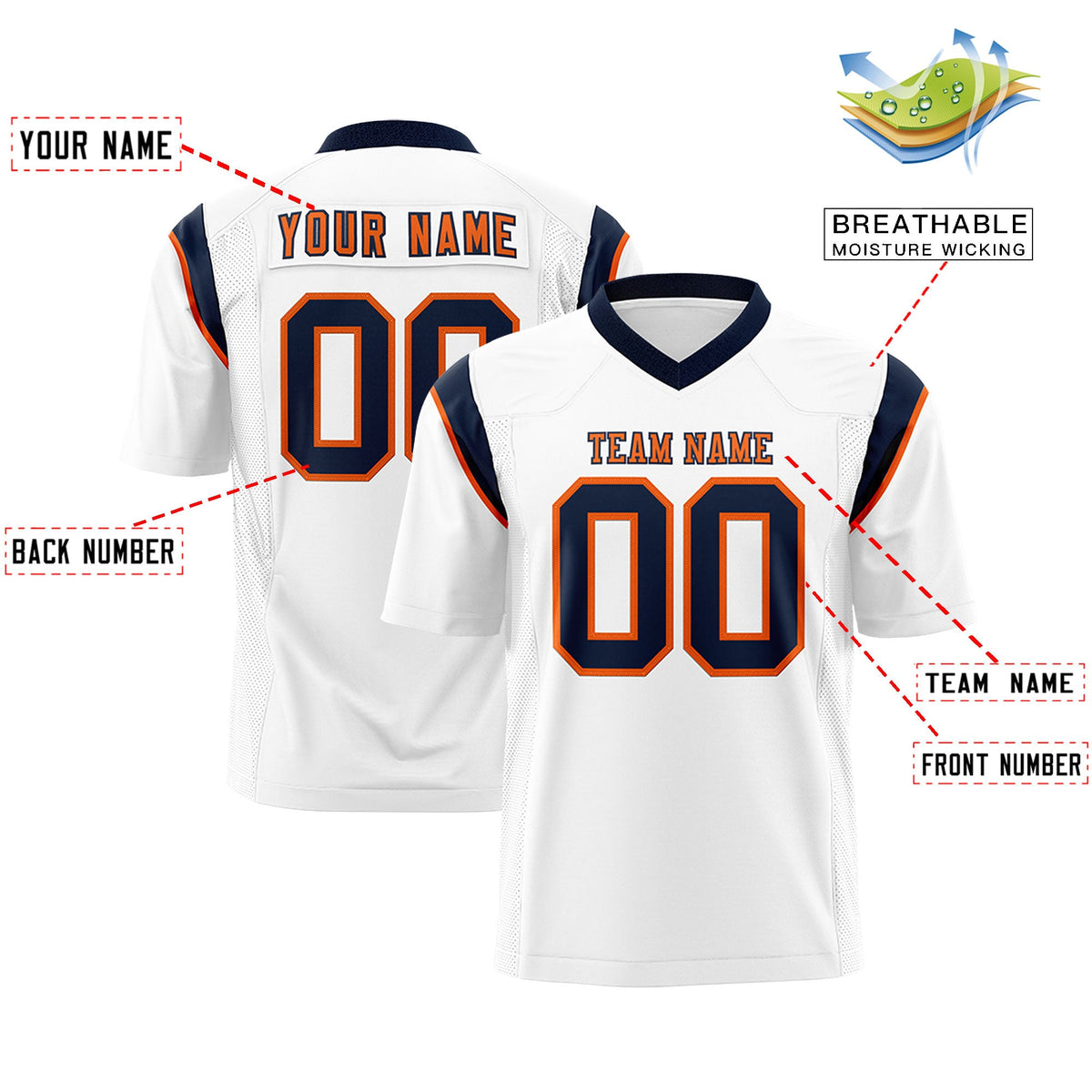 Custom Flag Football Jersey | White Navy Color Block For Youth &amp; Men | Add Name, Number &amp; Logo | KXKSHOP