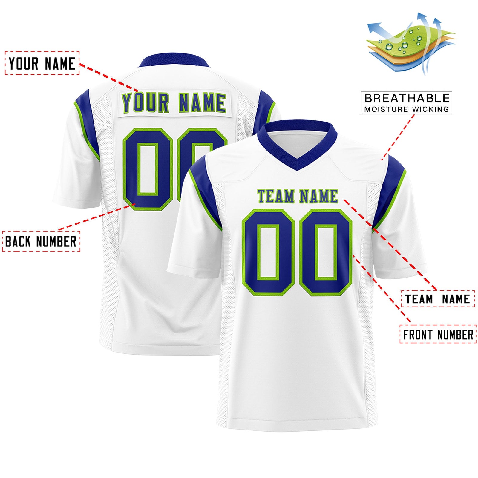Custom Flag Football Jersey | White Neon Green Color Block For Youth & Men | Add Name, Number & Logo | KXKSHOP
