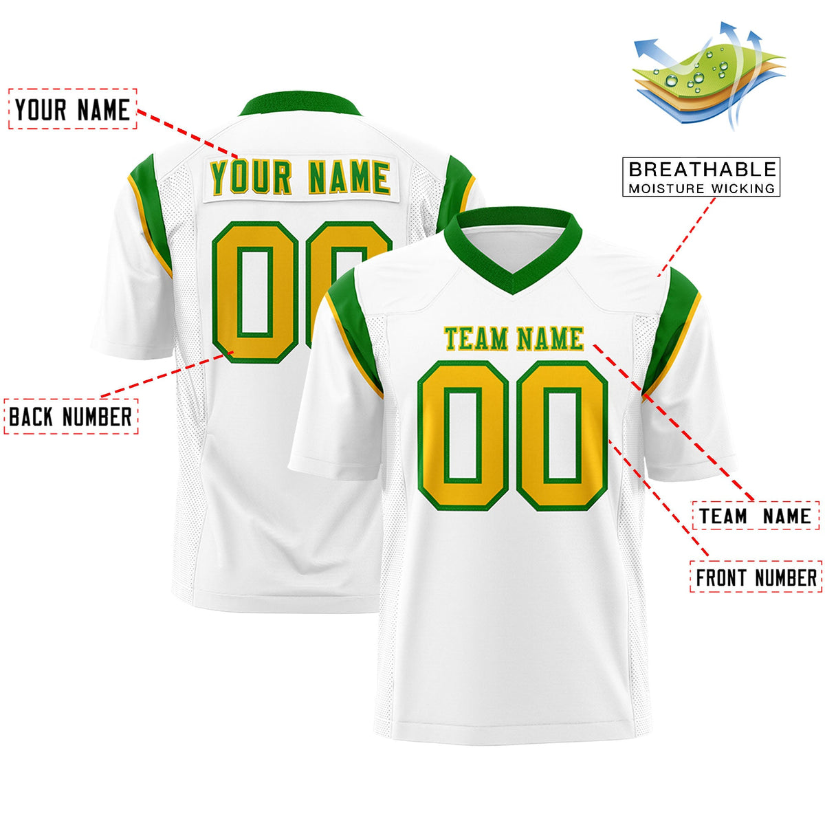 Custom Flag Football Jersey | White Kelly Green Color Block For Youth &amp; Men | Add Name, Number &amp; Logo | KXKSHOP