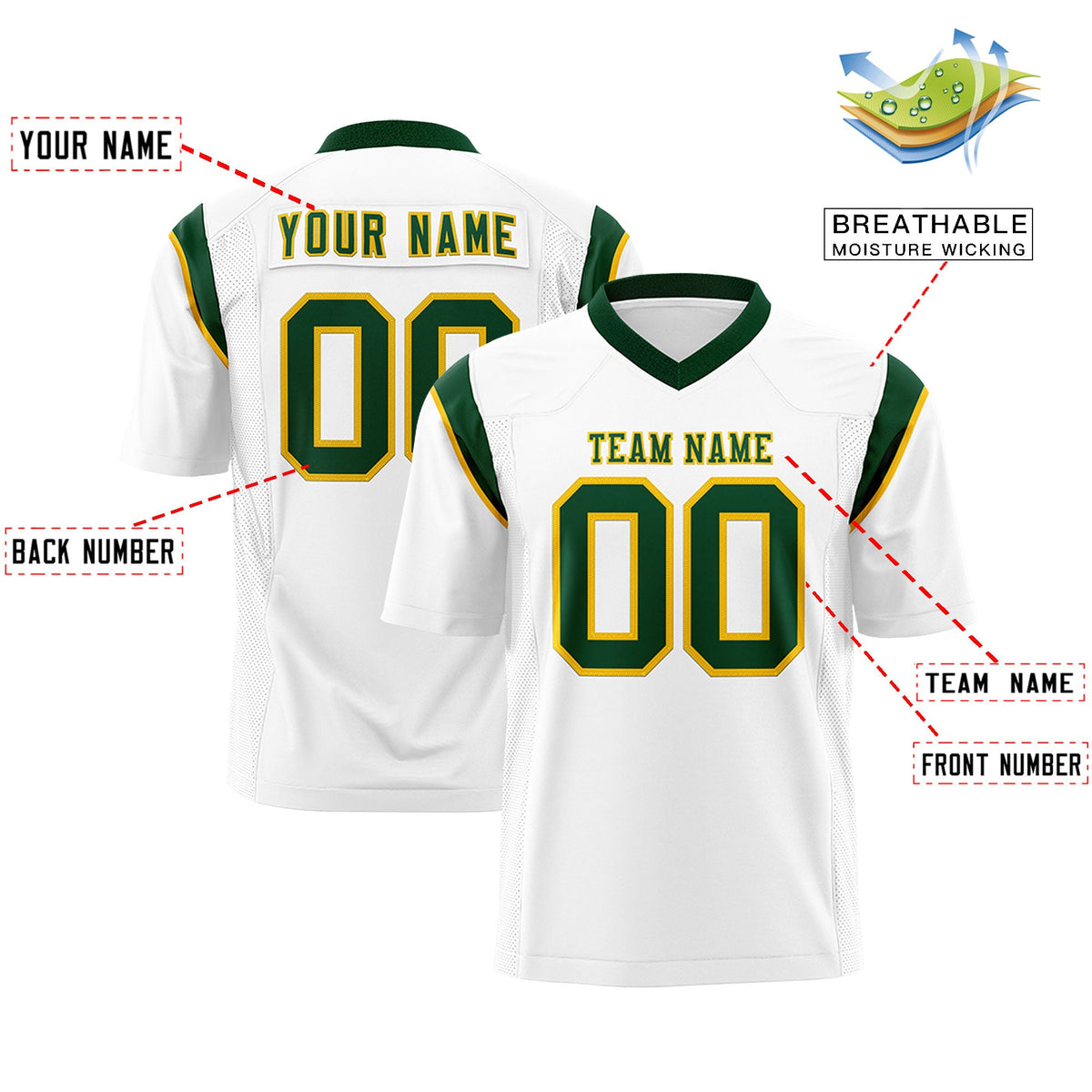 Custom Flag Football Jersey | White Green Color Block For Youth &amp; Men | Add Name, Number &amp; Logo | KXKSHOP