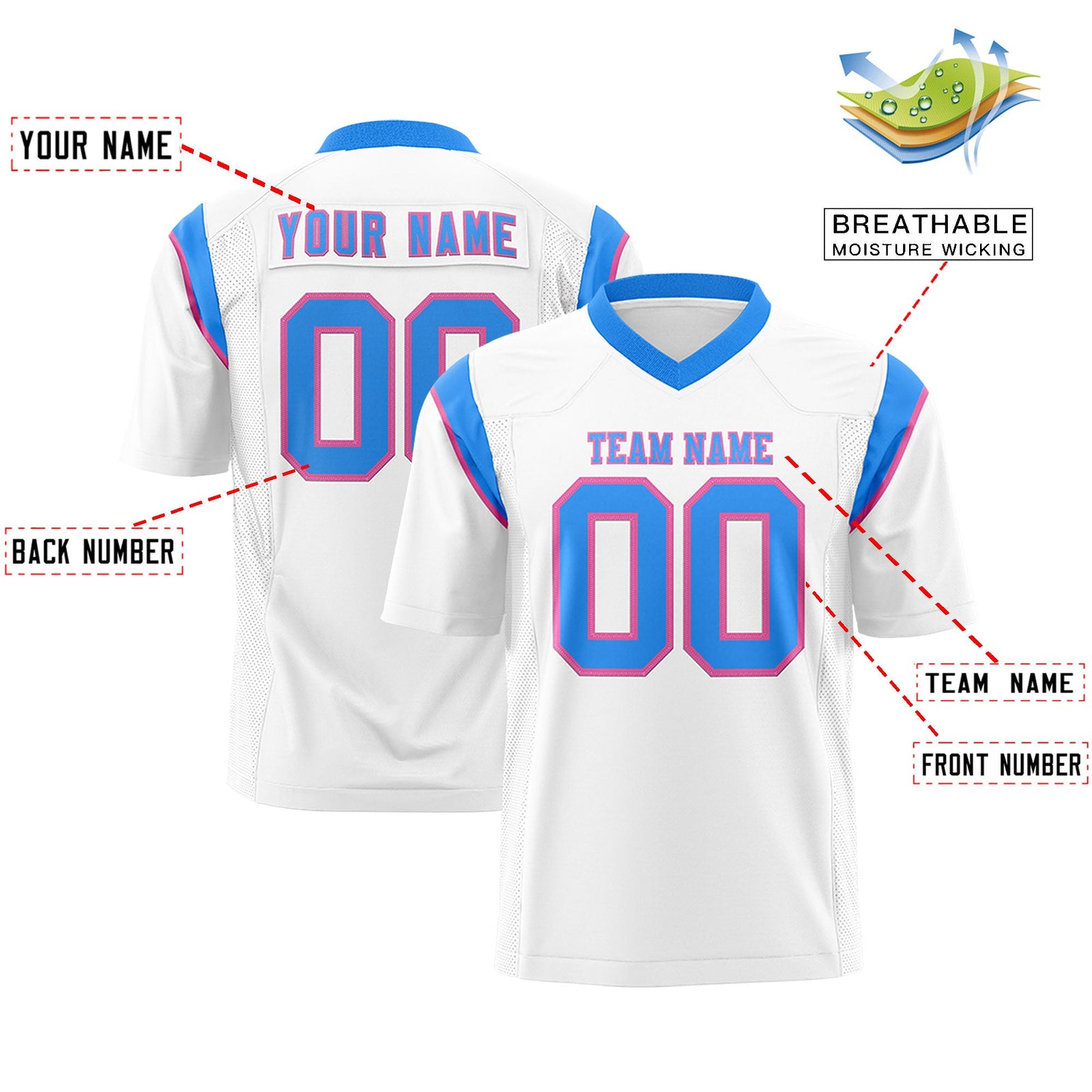 Custom Flag Football Jersey | White Powder Blue Color Block For Youth & Men | Add Name, Number & Logo | KXKSHOP