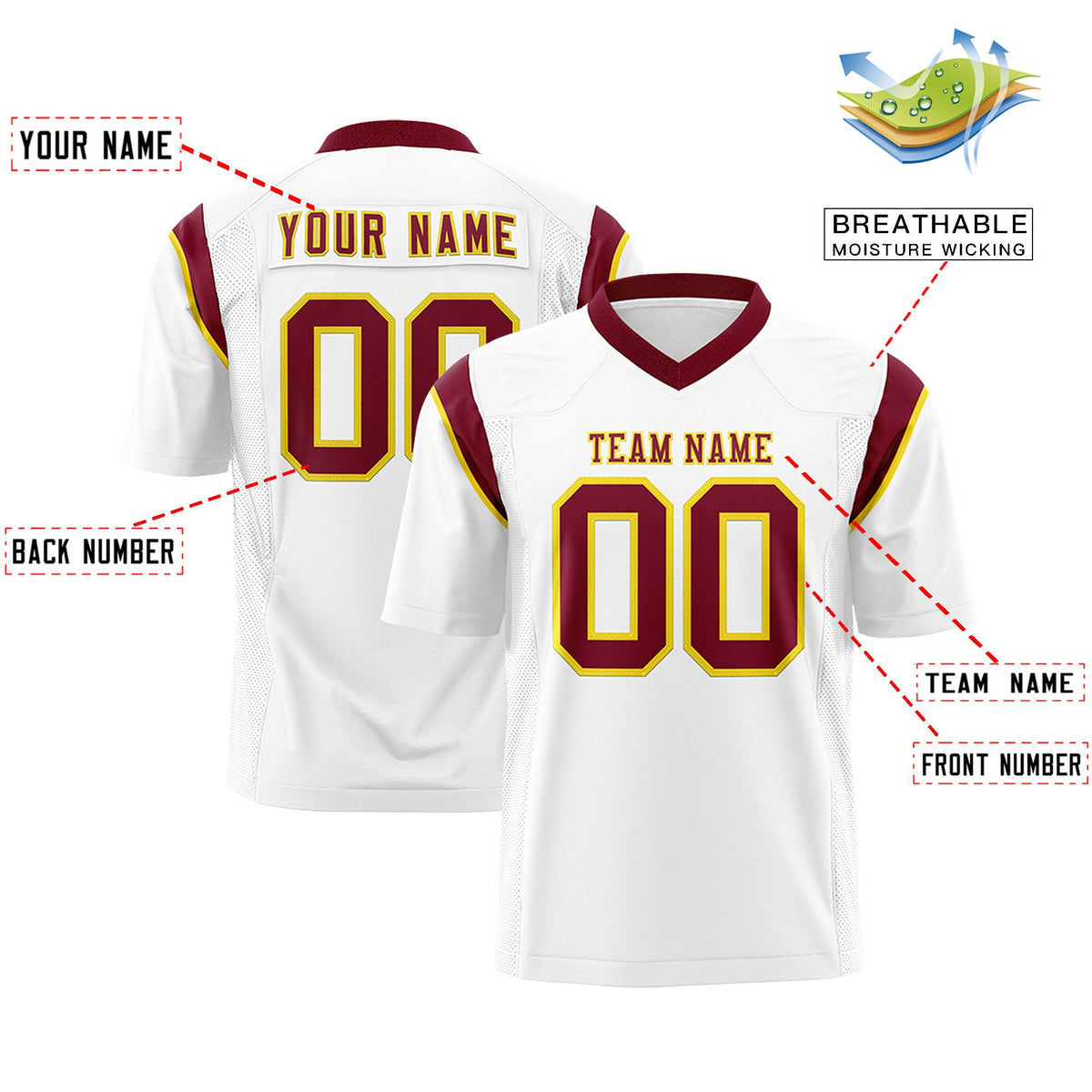 Custom Flag Football Jersey | White Cardinal Color Block For Youth &amp; Men | Add Name, Number &amp; Logo | KXKSHOP