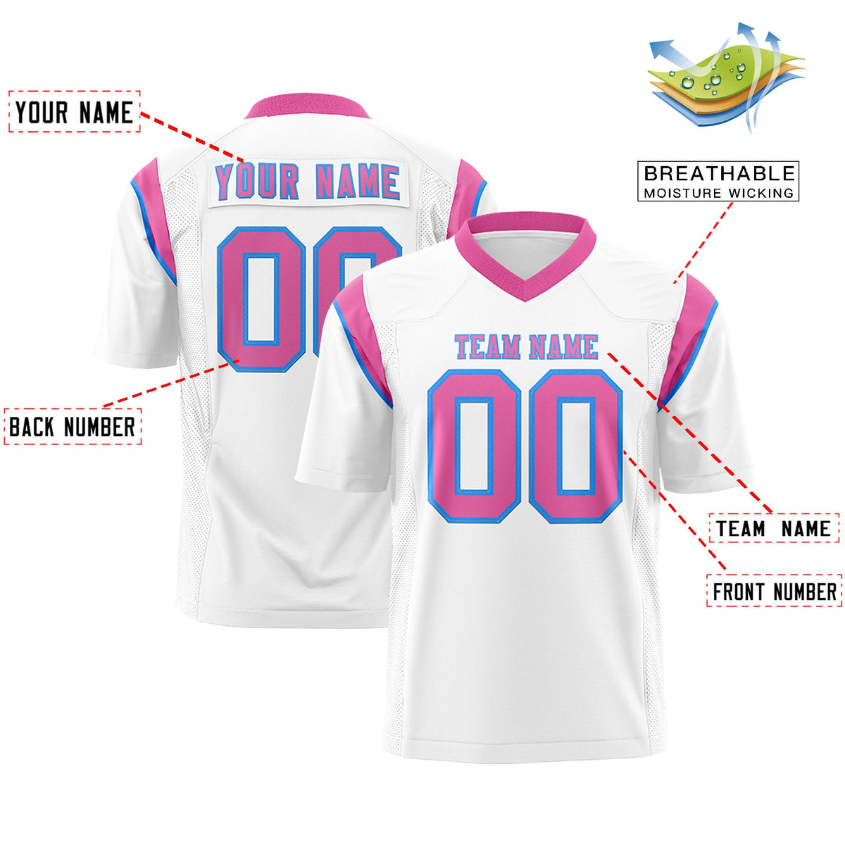 Custom Flag Football Jersey | White Pink Color Block For Youth &amp; Men | Add Name, Number &amp; Logo | KXKSHOP