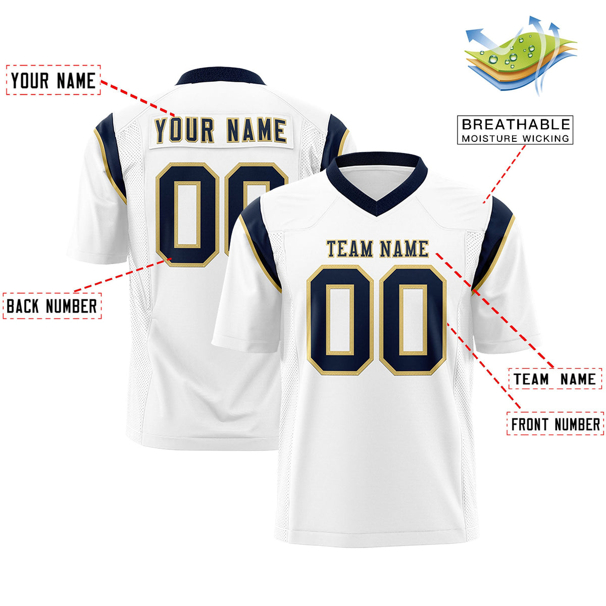 Custom Flag Football Jersey | White Navy Color Block For Youth &amp; Men | Add Name, Number &amp; Logo | KXKSHOP