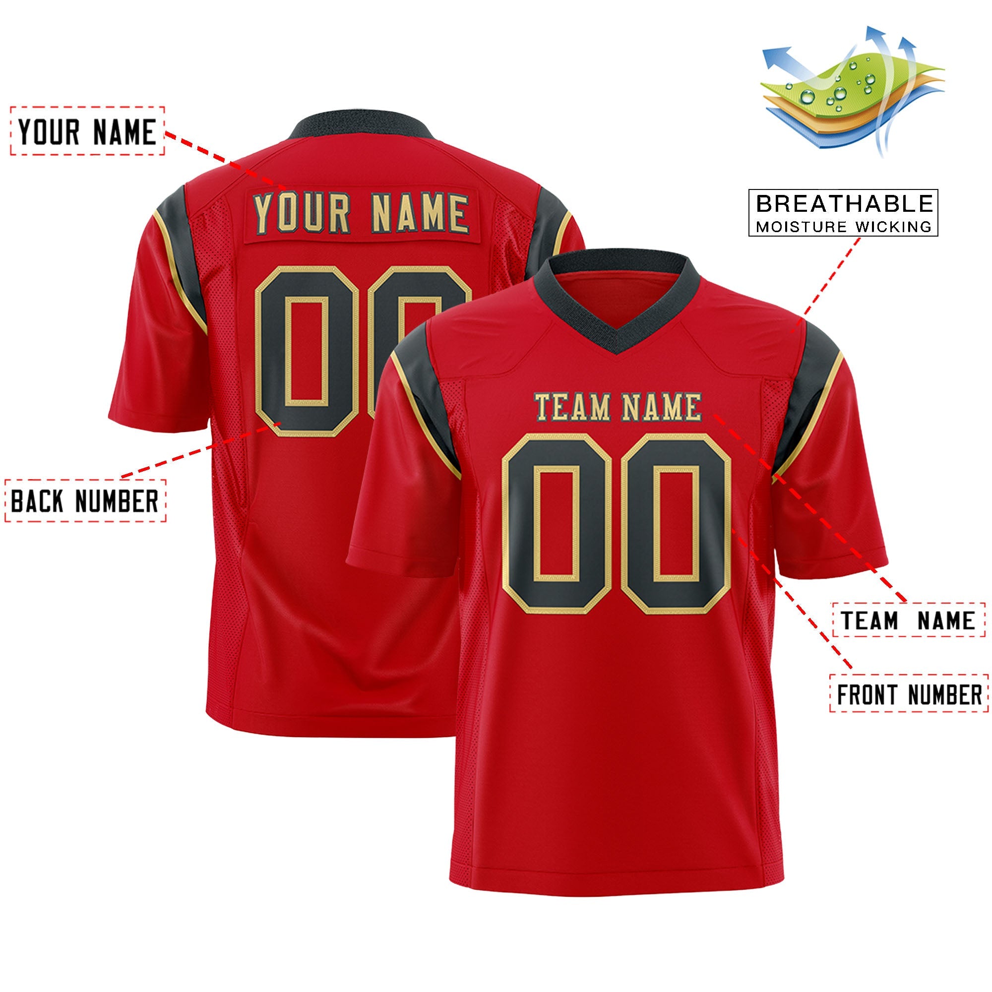 Custom Flag Football Jersey | Red Black Color Block For Youth & Men | Add Name, Number & Logo | KXKSHOP