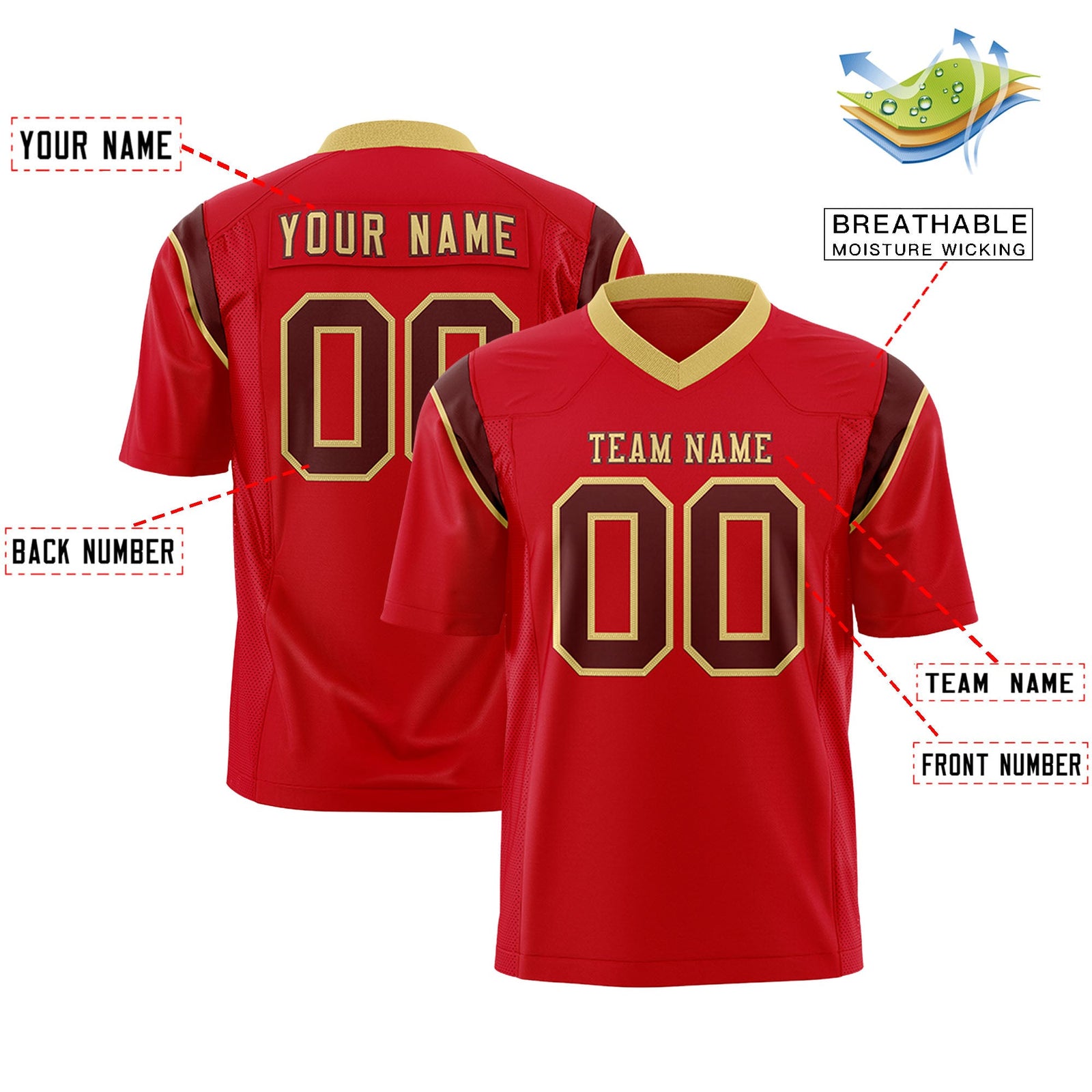 Custom Flag Football Jersey | Red Crimson Color Block For Youth & Men | Add Name, Number & Logo | KXKSHOP