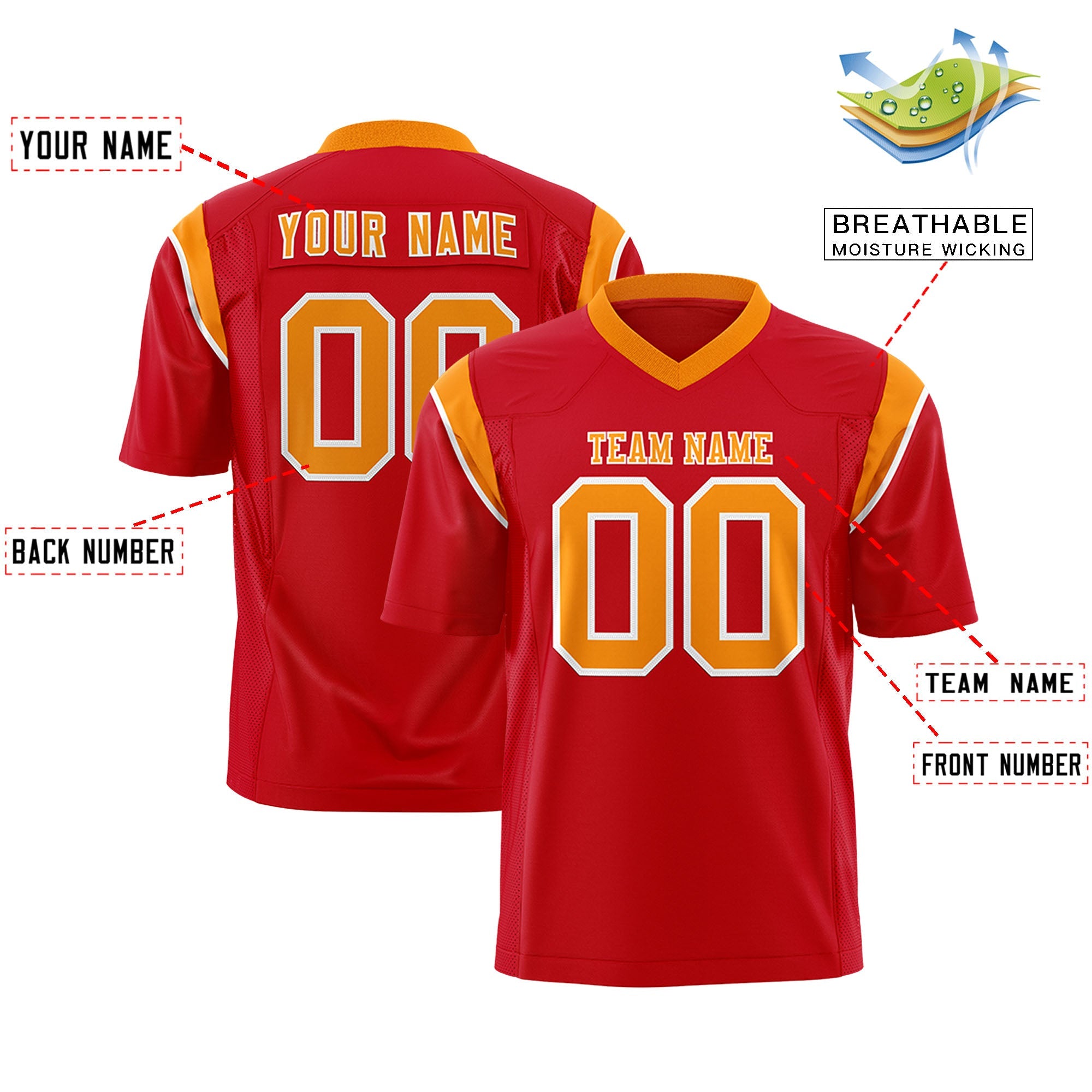 Custom Flag Football Jersey | Red Orange Color Block For Youth & Men | Add Name, Number & Logo | KXKSHOP