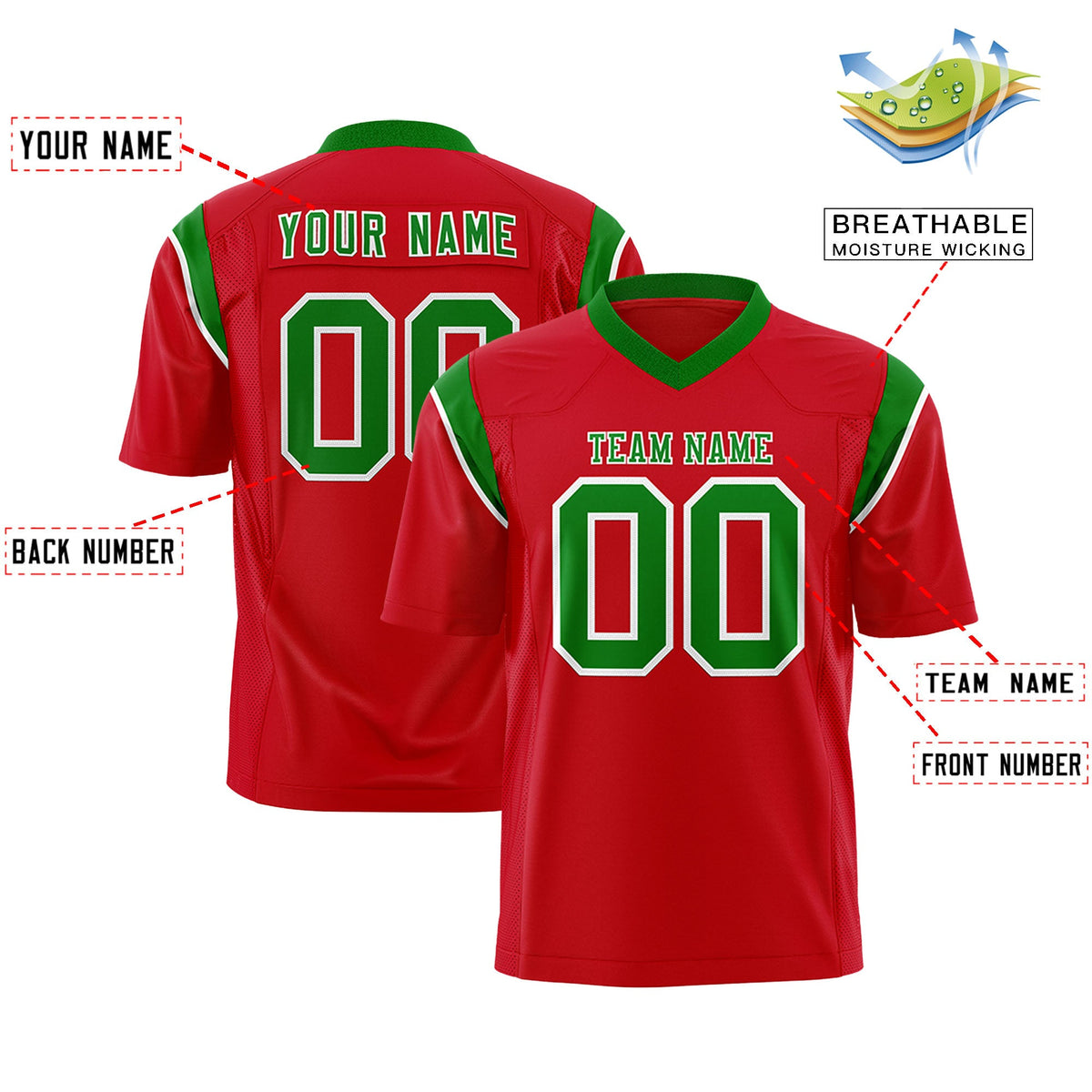 Custom Flag Football Jersey | Red Kelly Green Color Block For Youth &amp; Men | Add Name, Number &amp; Logo | KXKSHOP