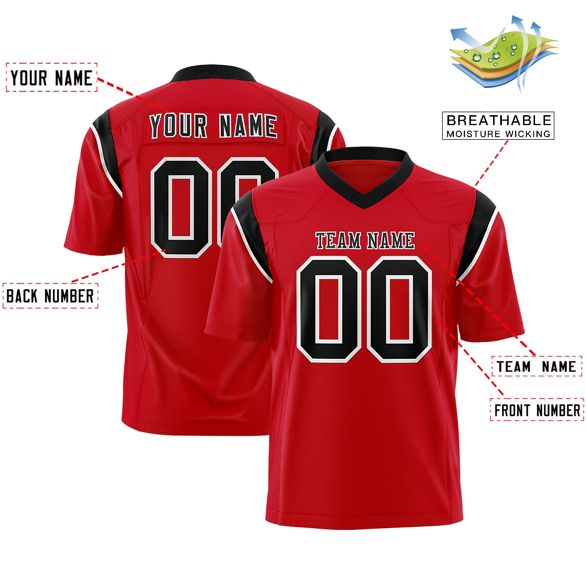 Custom Flag Football Jersey | Red Black Color Block For Youth & Men | Add Name, Number & Logo | KXKSHOP