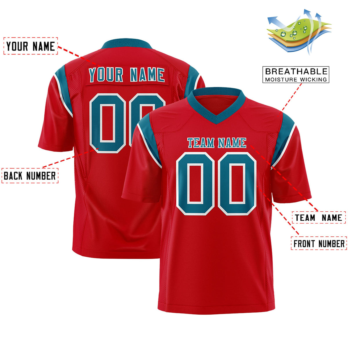 Custom Flag Football Jersey | Red Aqua Color Block For Youth &amp; Men | Add Name, Number &amp; Logo | KXKSHOP