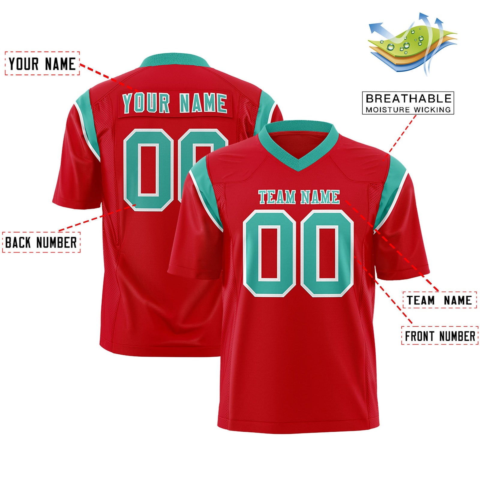 Custom Flag Football Jersey | Red Bright Green Color Block For Youth & Men | Add Name, Number & Logo | KXKSHOP