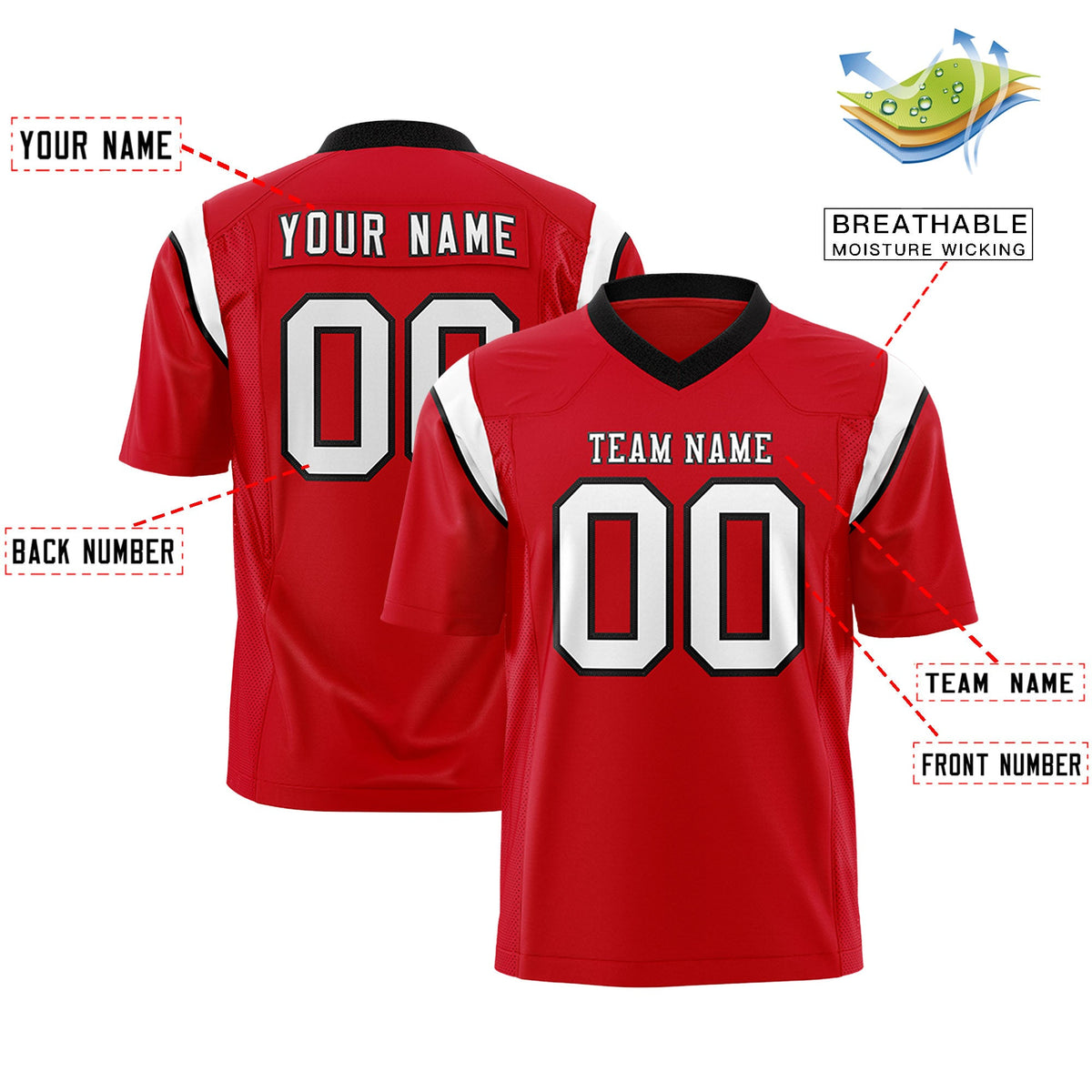 Custom Flag Football Jersey | Red White Color Block For Youth &amp; Men | Add Name, Number &amp; Logo | KXKSHOP