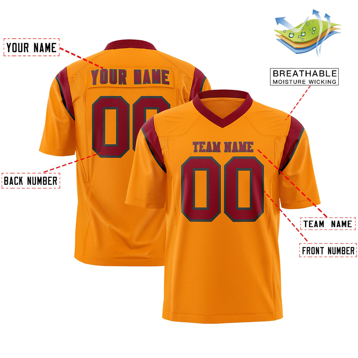 Custom Flag Football Jersey | Gold Orange Cardinal Color Block For Youth &amp; Men | Add Name, Number &amp; Logo | KXKSHOP