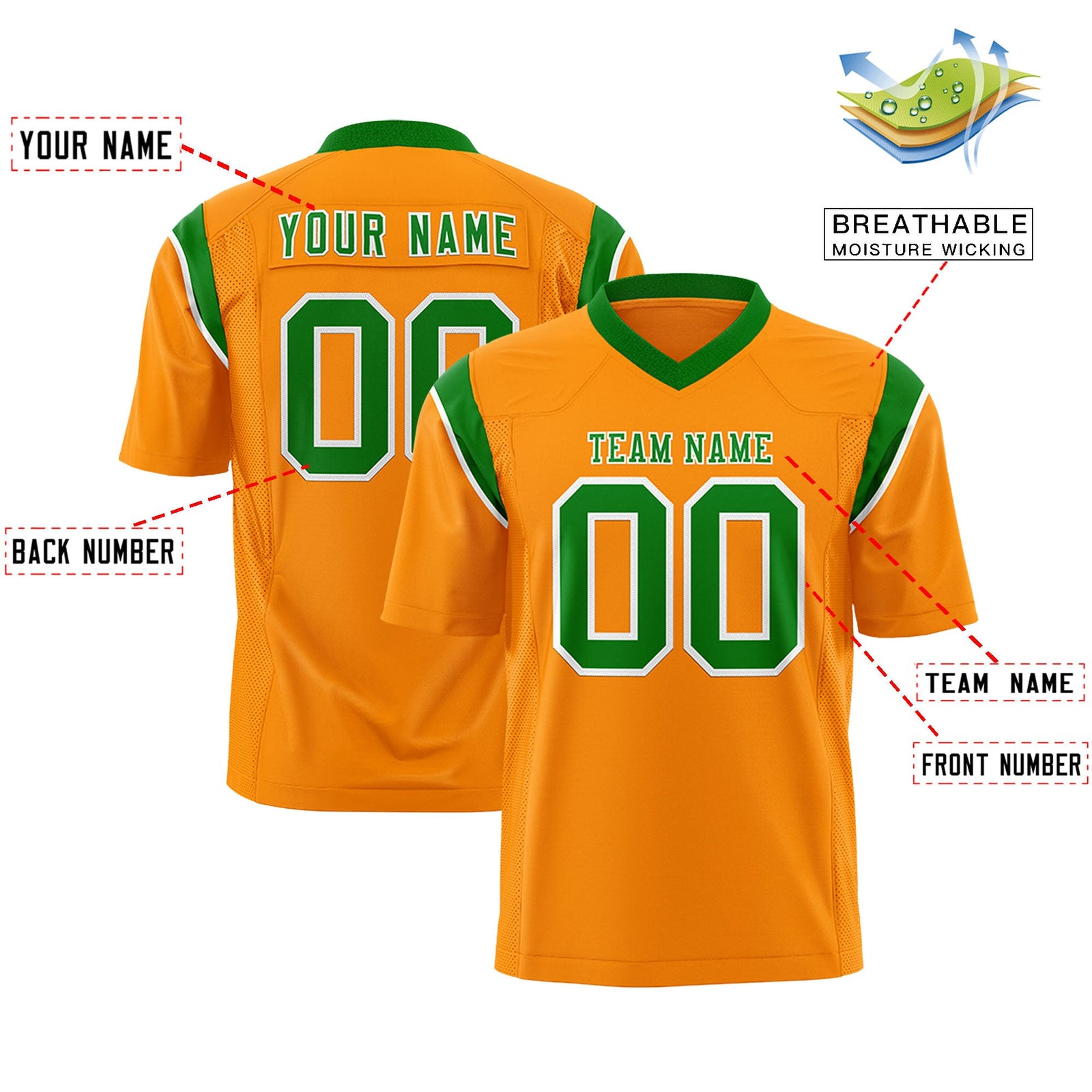 Custom Flag Football Jersey | Gold Orange Kelly Green Color Block For Youth & Men | Add Name, Number & Logo | KXKSHOP