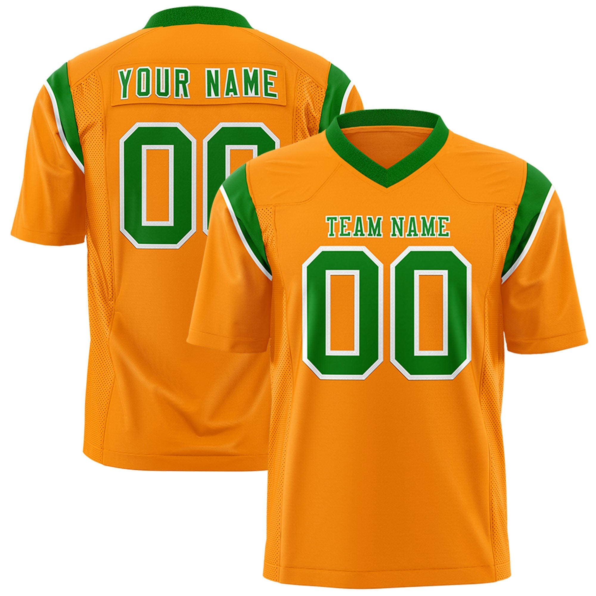 Custom Gold Orange Kelly Green Personalized Shoulder Cut Two-Tone Authentic Football Jersey