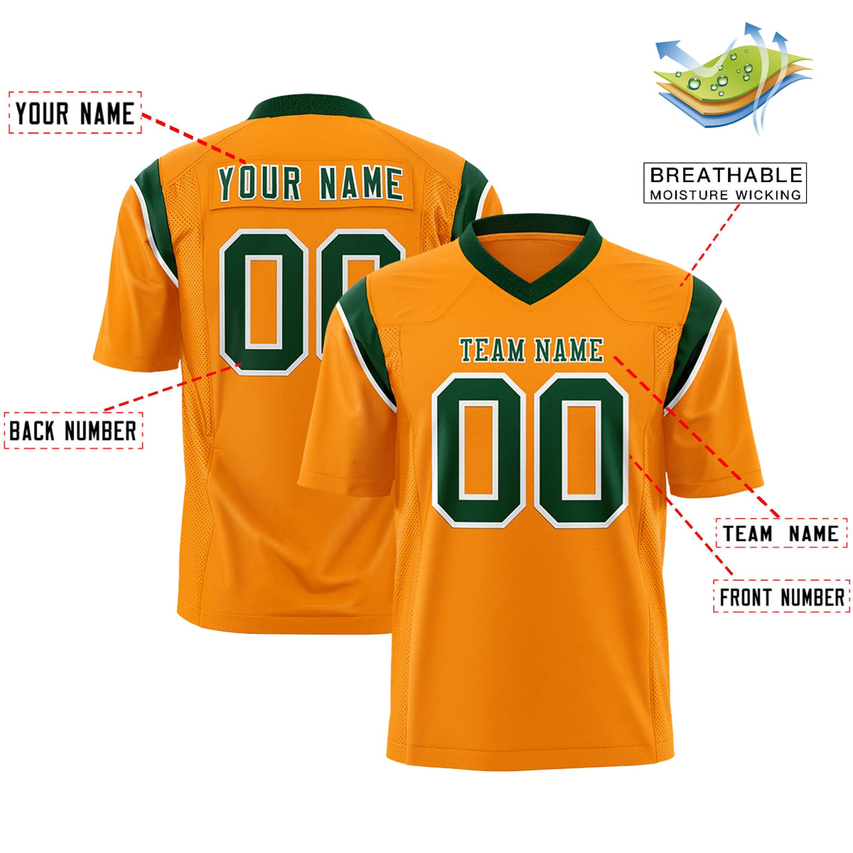 Custom Flag Football Jersey | Gold Orange Green Color Block For Youth &amp; Men | Add Name, Number &amp; Logo | KXKSHOP