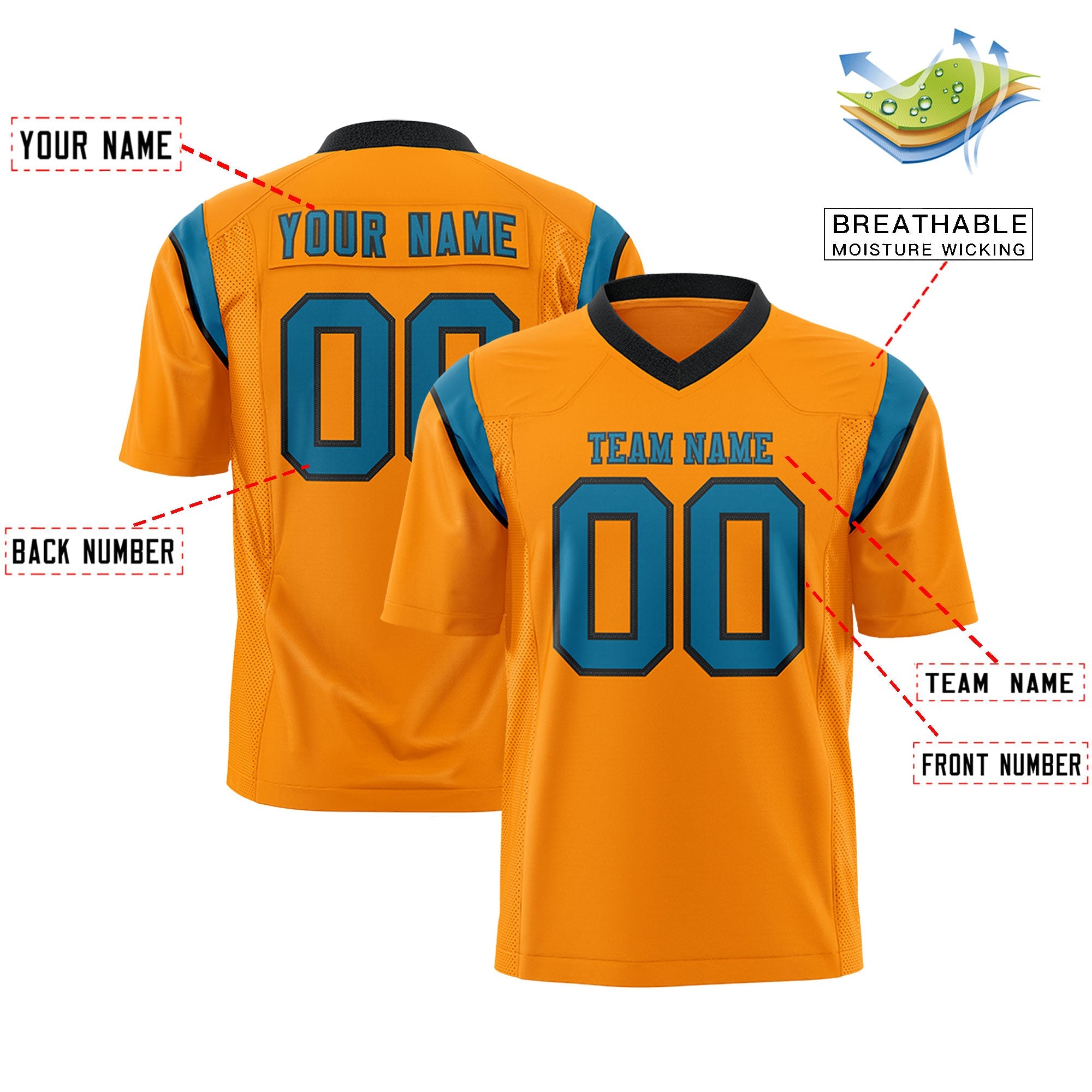 Custom Flag Football Jersey | Gold Orange Aqua Color Block For Youth & Men | Add Name, Number & Logo | KXKSHOP