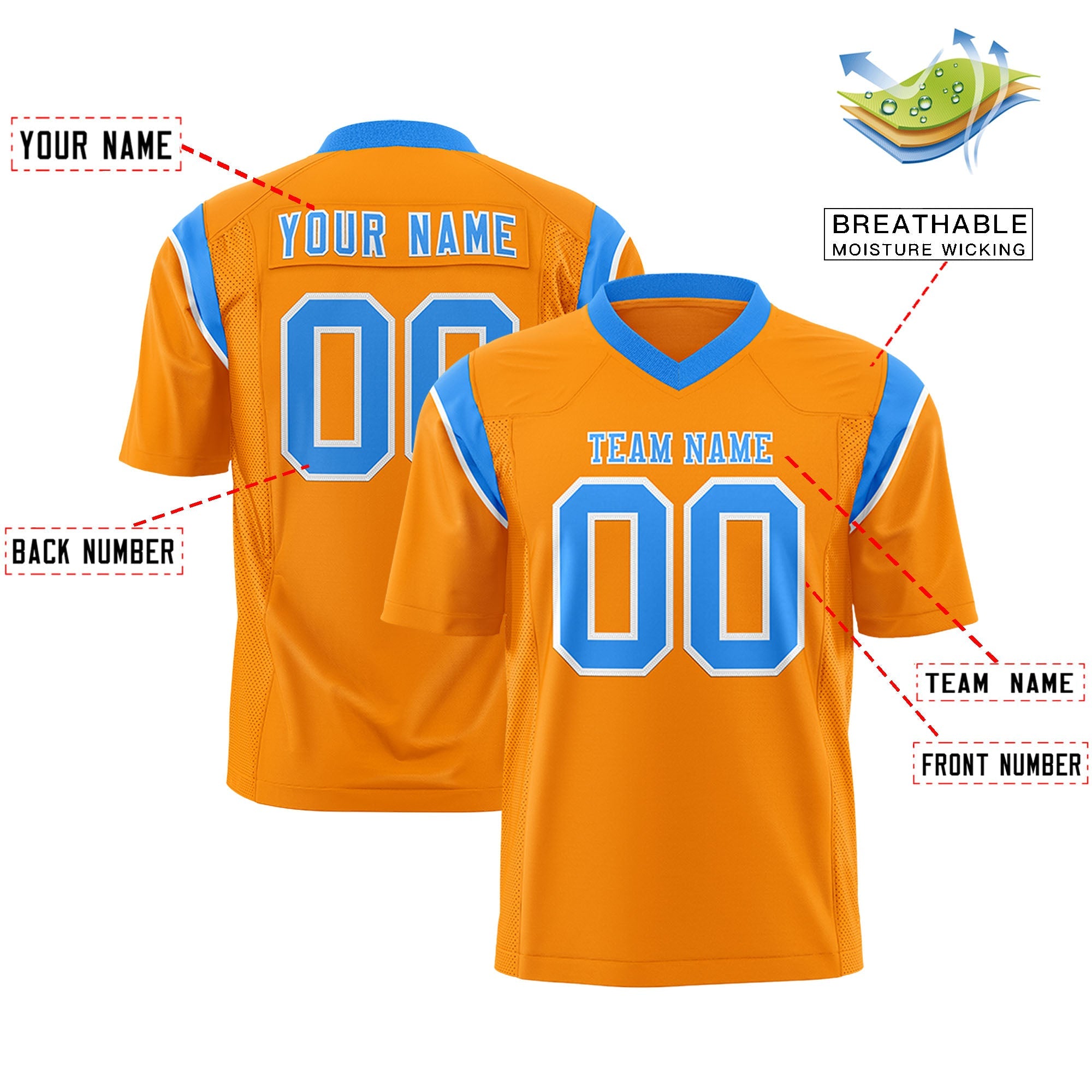 Custom Flag Football Jersey | Gold Orange Powder Blue Color Block For Youth & Men | Add Name, Number & Logo | KXKSHOP