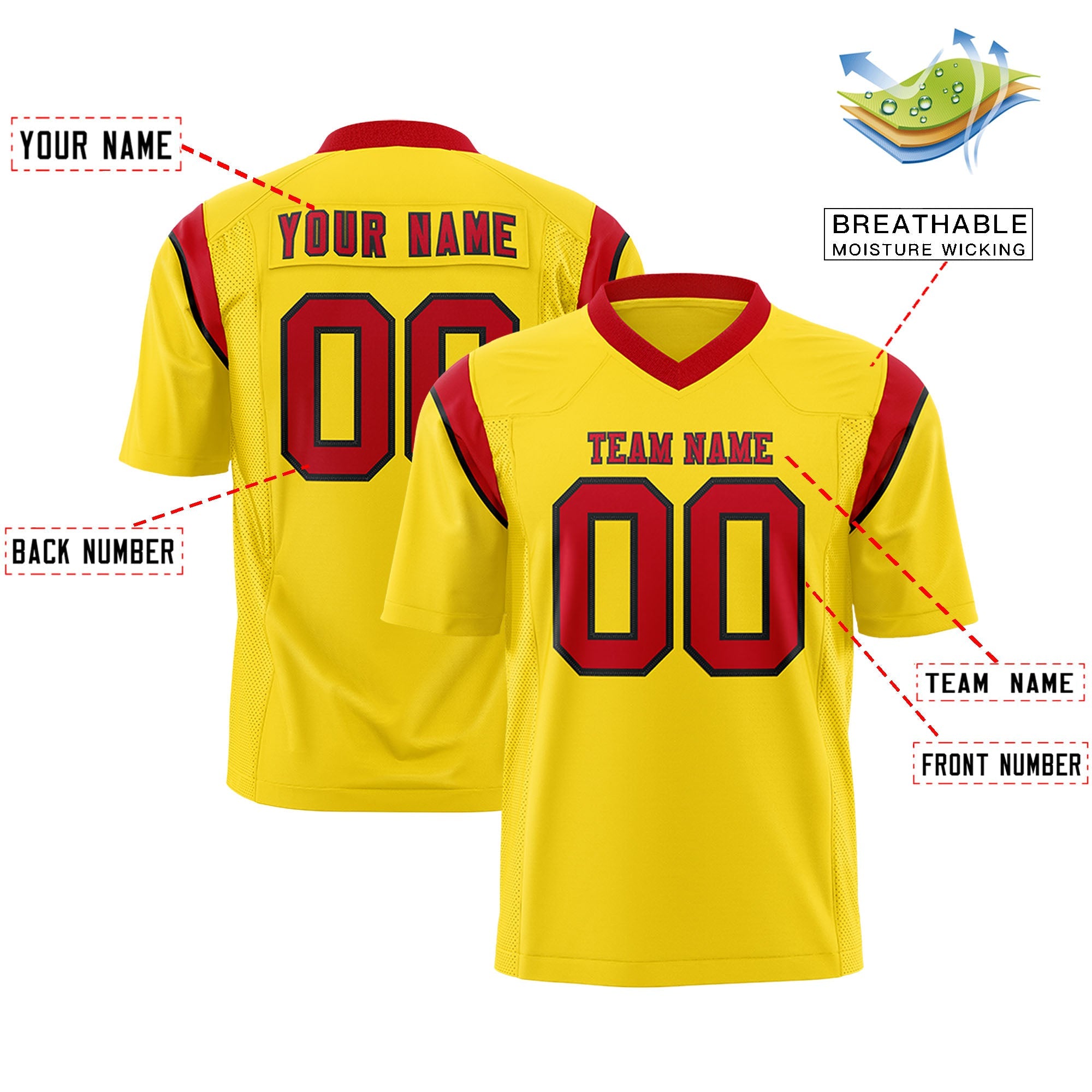 Custom Flag Football Jersey | Gold Red Color Block For Youth & Men | Add Name, Number & Logo | KXKSHOP