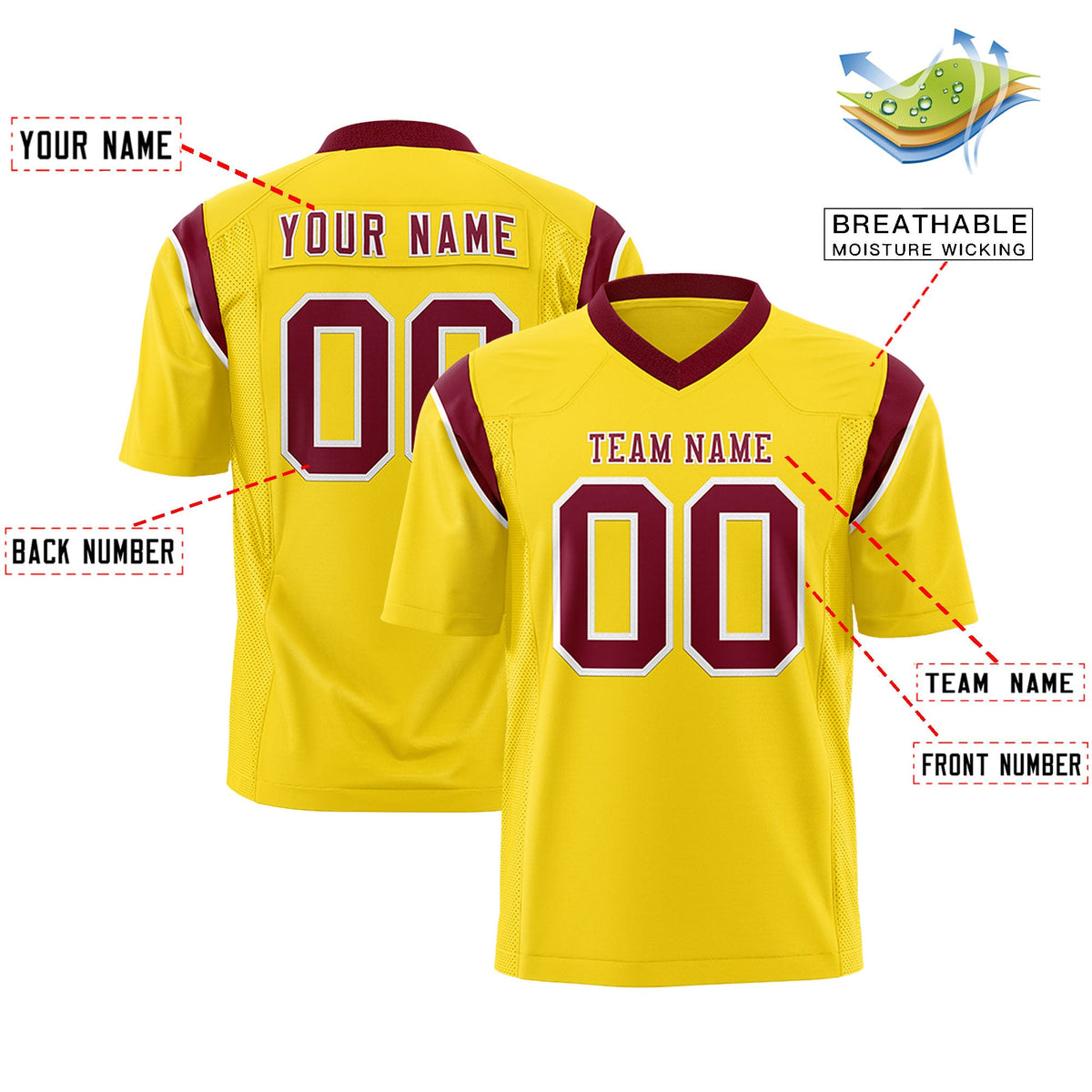 Custom Flag Football Jersey | Gold Crimson Color Block For Youth &amp; Men | Add Name, Number &amp; Logo | KXKSHOP