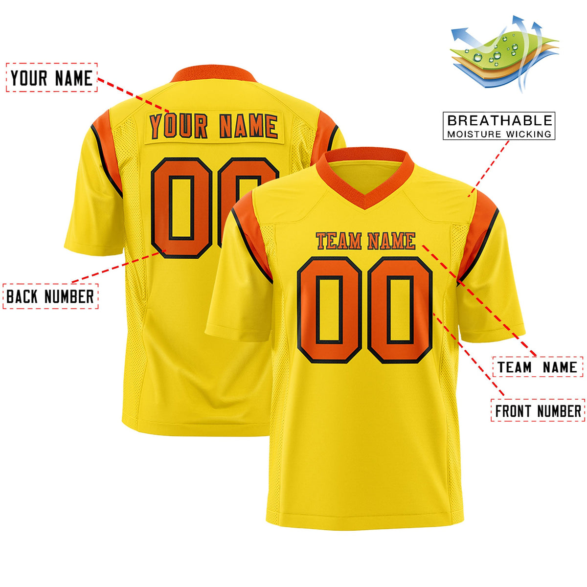 Custom Flag Football Jersey | Gold Orange Color Block For Youth &amp; Men | Add Name, Number &amp; Logo | KXKSHOP