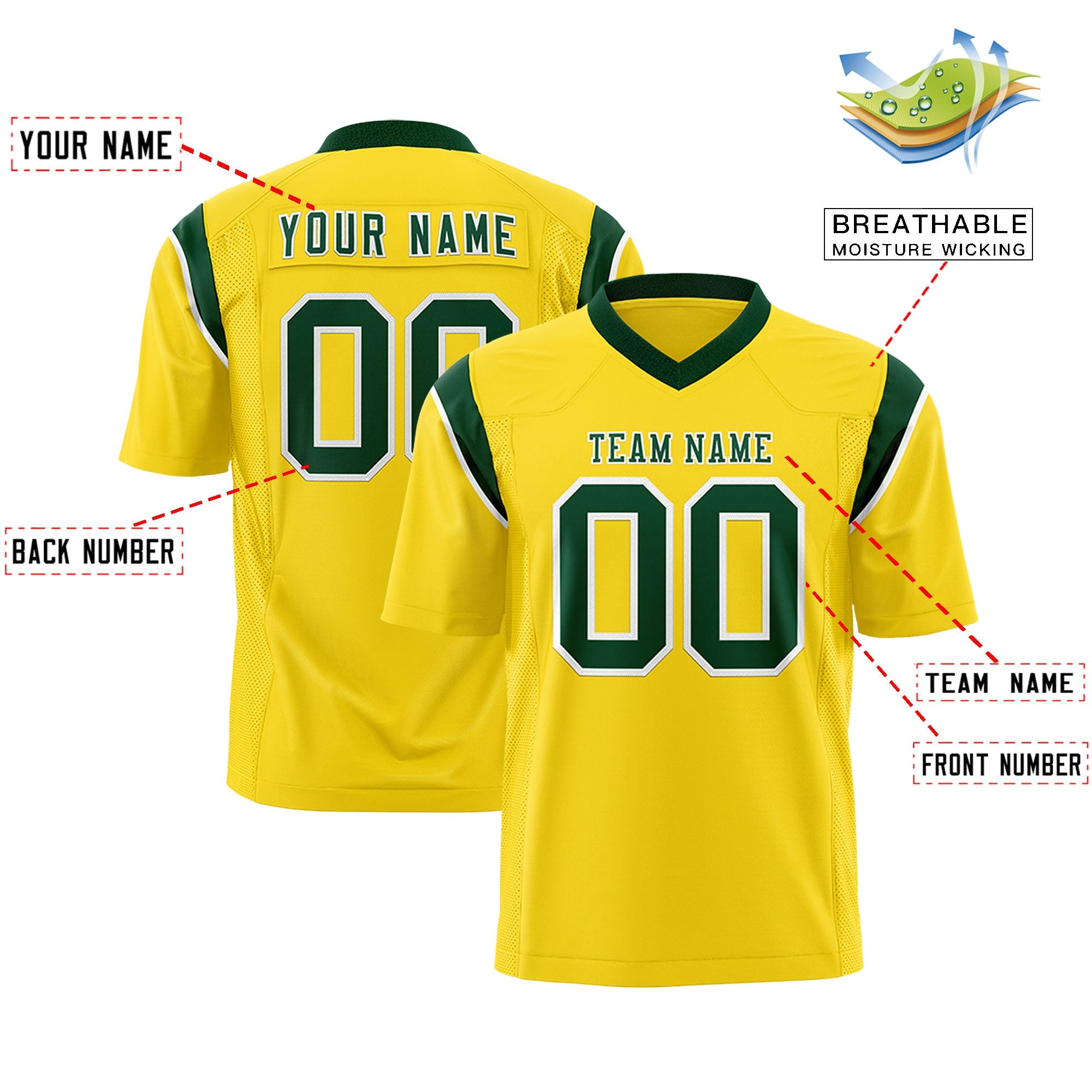 Custom Flag Football Jersey | Gold Green Color Block For Youth & Men | Add Name, Number & Logo | KXKSHOP