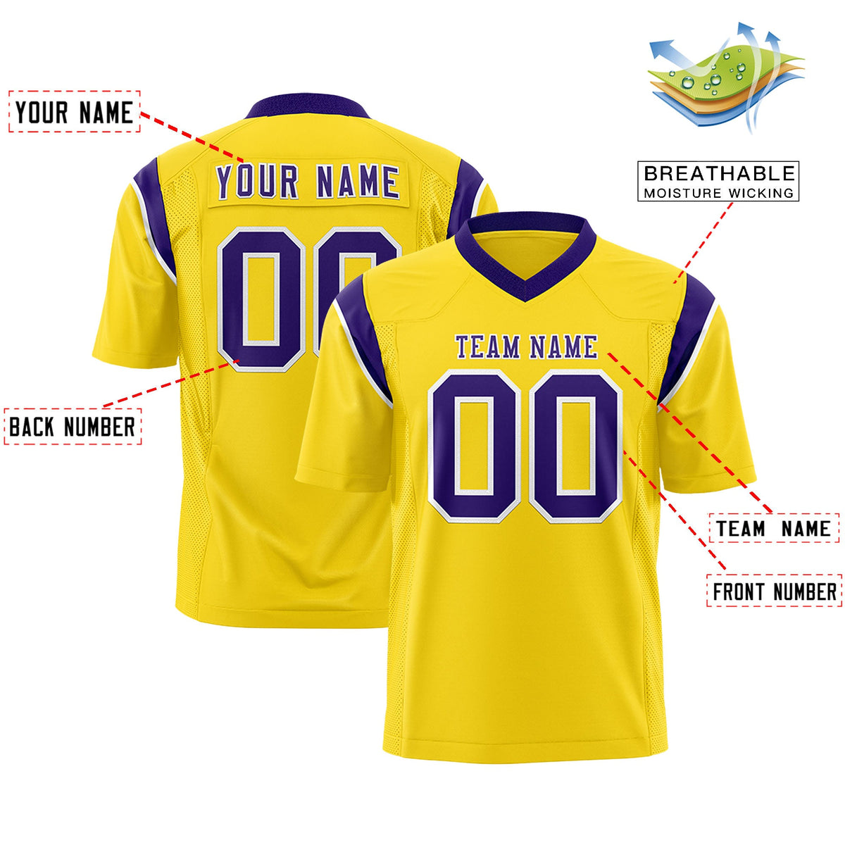Custom Flag Football Jersey | Gold Purple Color Block For Youth & Men | Add Name, Number & Logo | KXKSHOP