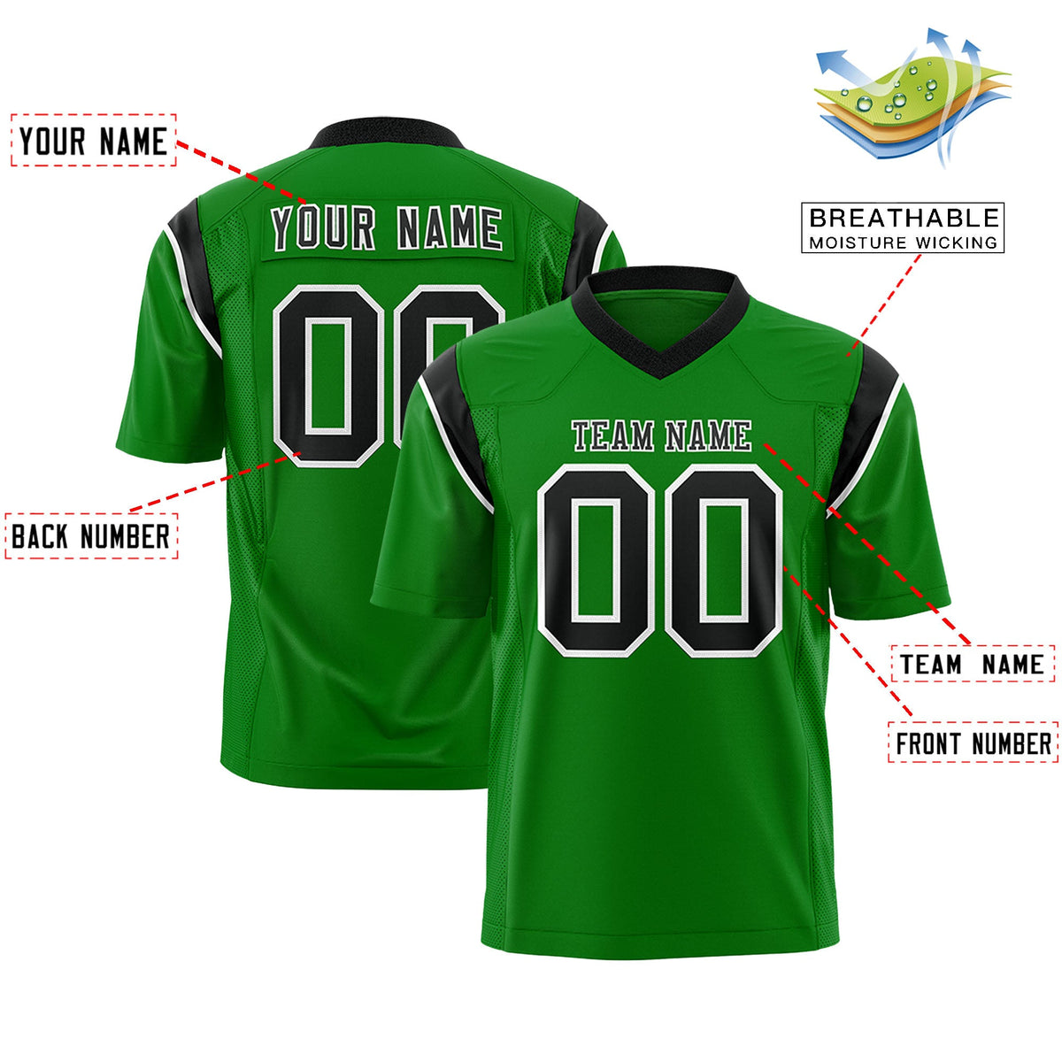 Custom Flag Football Jersey | Kelly Green Black Color Block For Youth &amp; Men | Add Name, Number &amp; Logo | KXKSHOP
