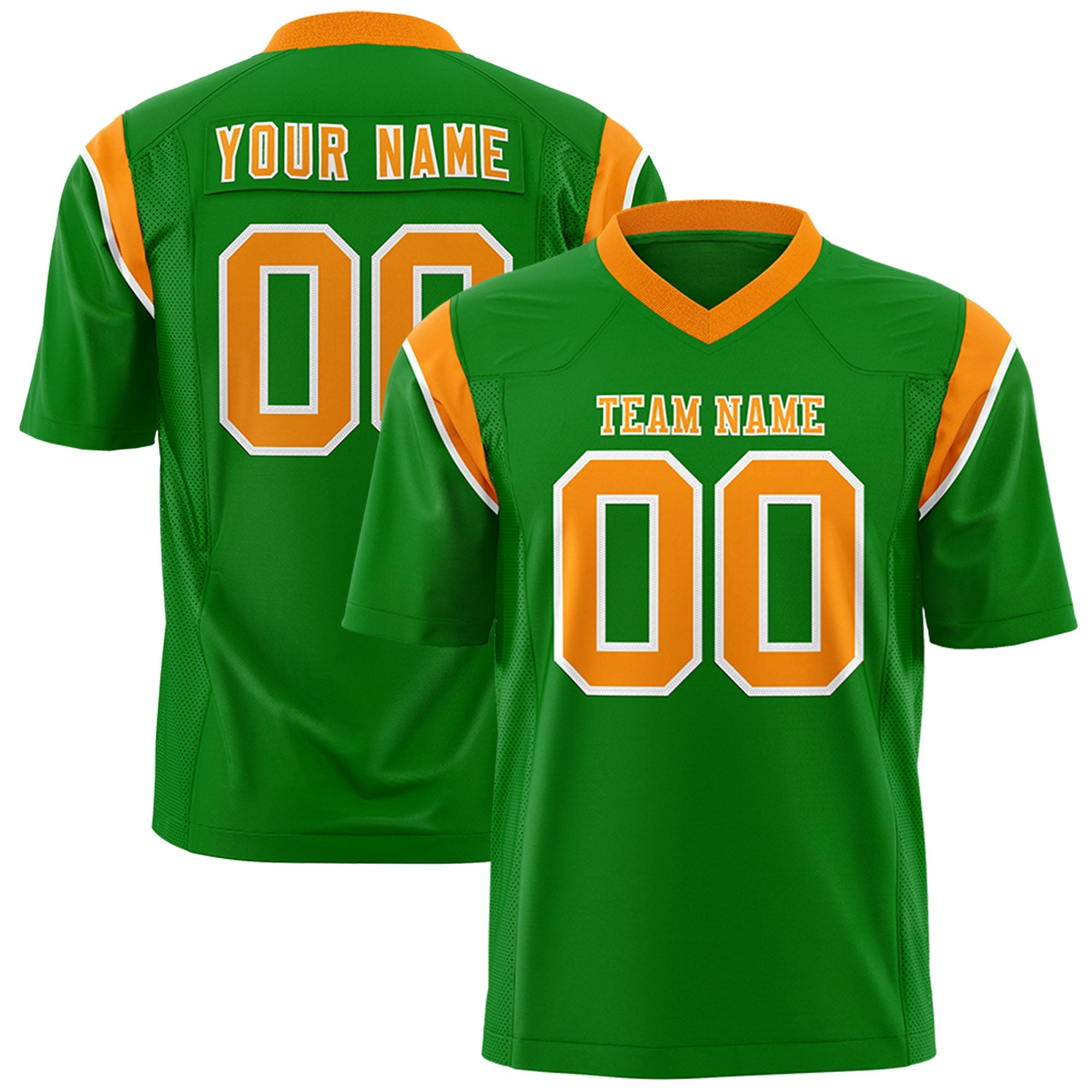 Custom Kelly Green Gold Orange Personalized Shoulder Cut Two-Tone Authentic Football Jersey