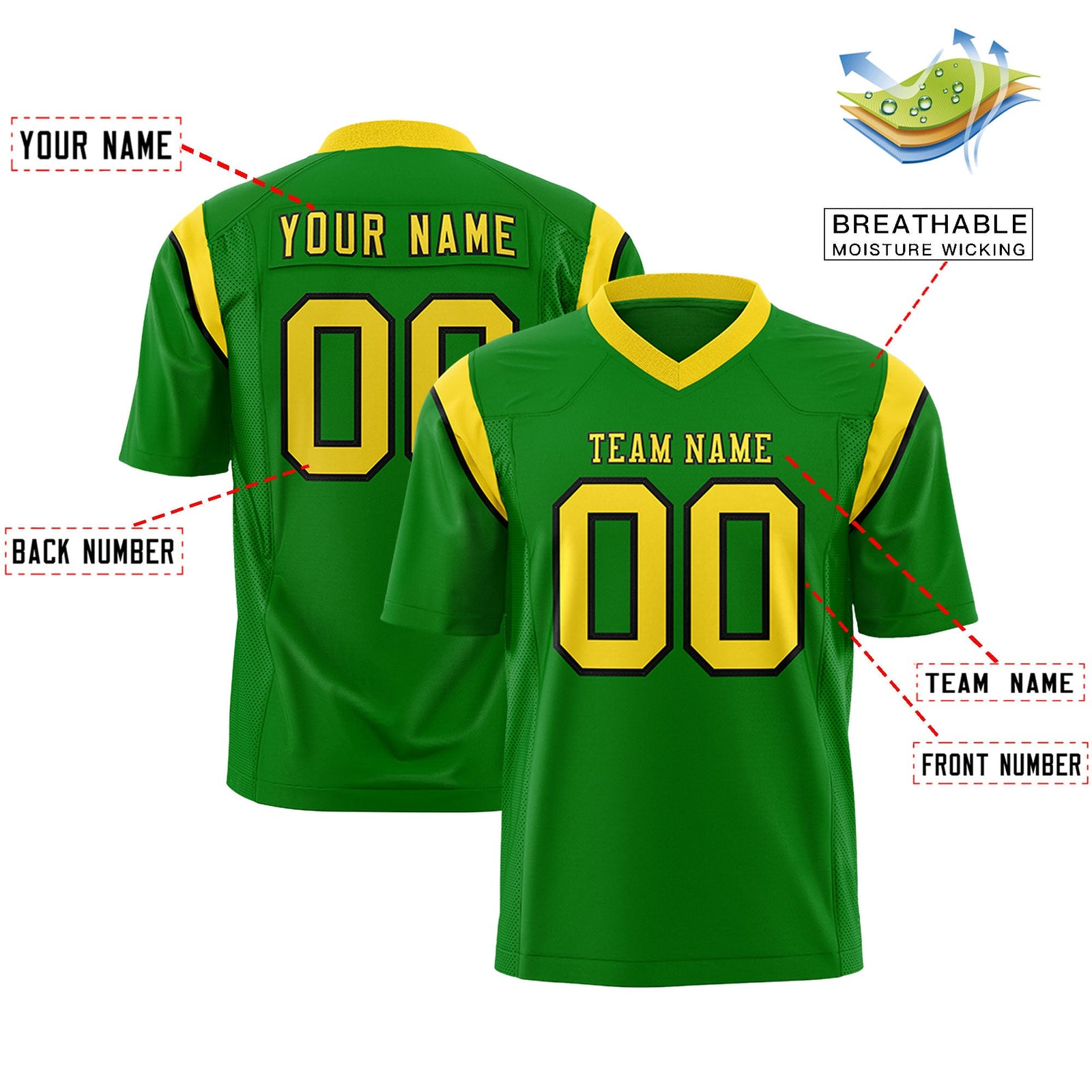 Custom Flag Football Jersey | Kelly Green Gold Color Block For Youth & Men | Add Name, Number & Logo | KXKSHOP
