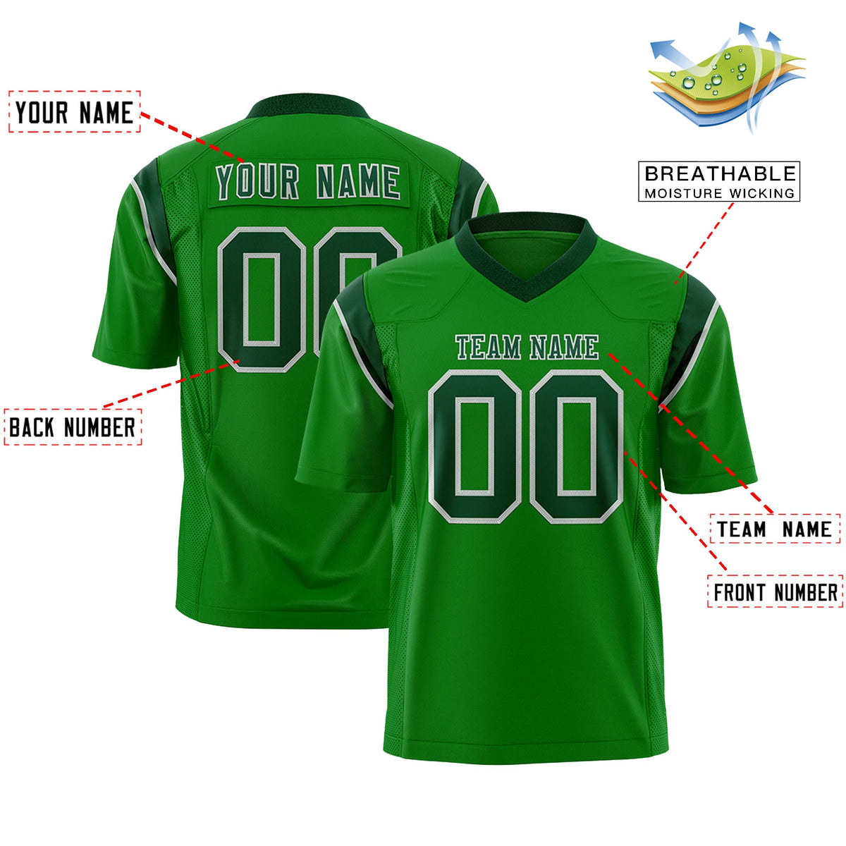 Custom Flag Football Jersey | Kelly Green Green Color Block For Youth &amp; Men | Add Name, Number &amp; Logo | KXKSHOP