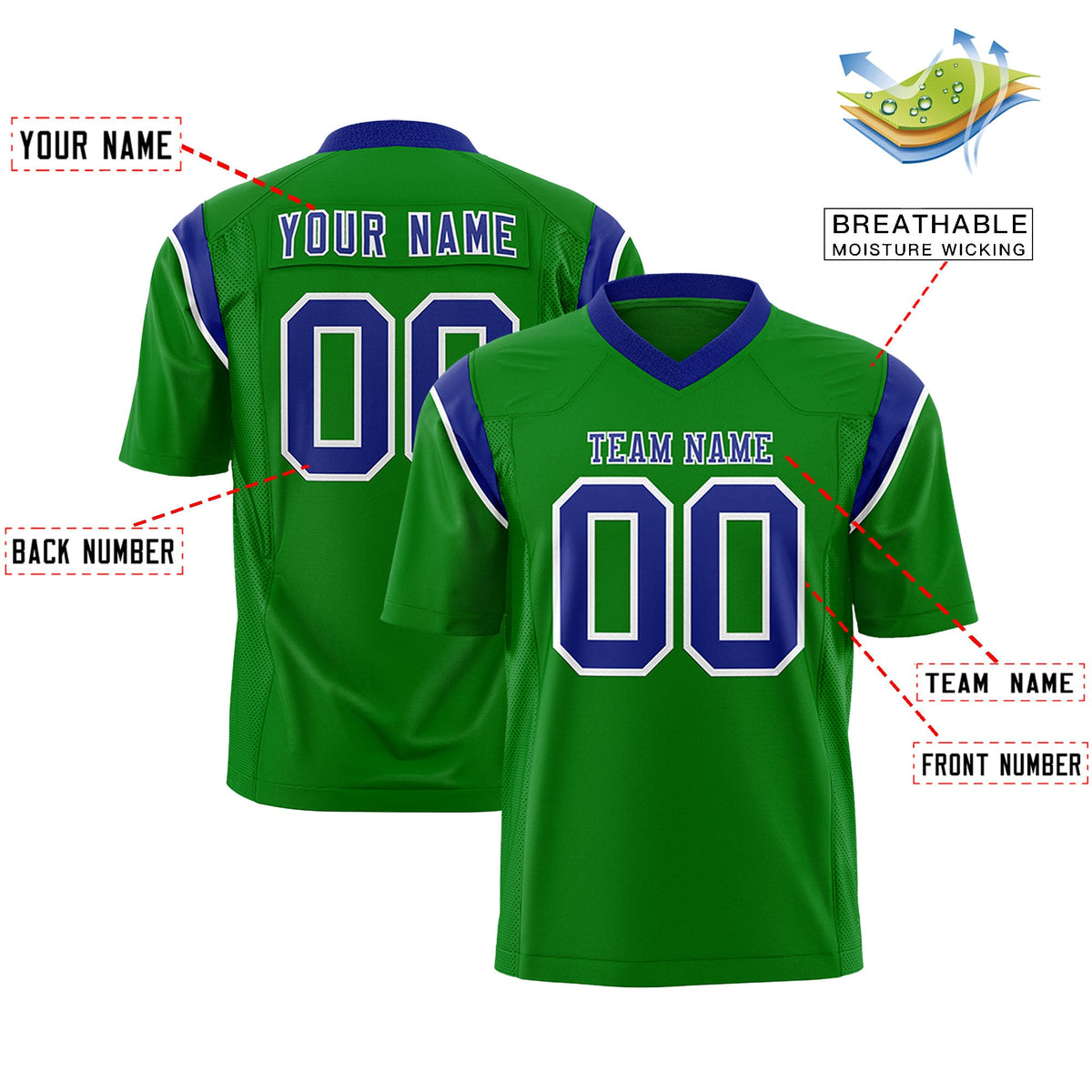 Custom Flag Football Jersey | Kelly Green Royal Color Block For Youth &amp; Men | Add Name, Number &amp; Logo | KXKSHOP