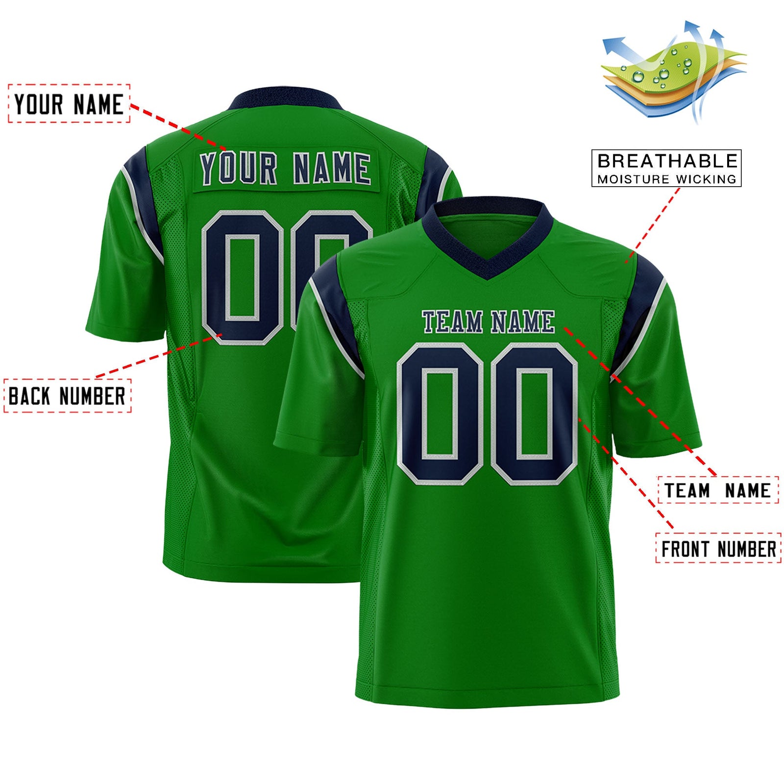 Custom Flag Football Jersey | Kelly Green Navy Color Block For Youth & Men | Add Name, Number & Logo | KXKSHOP