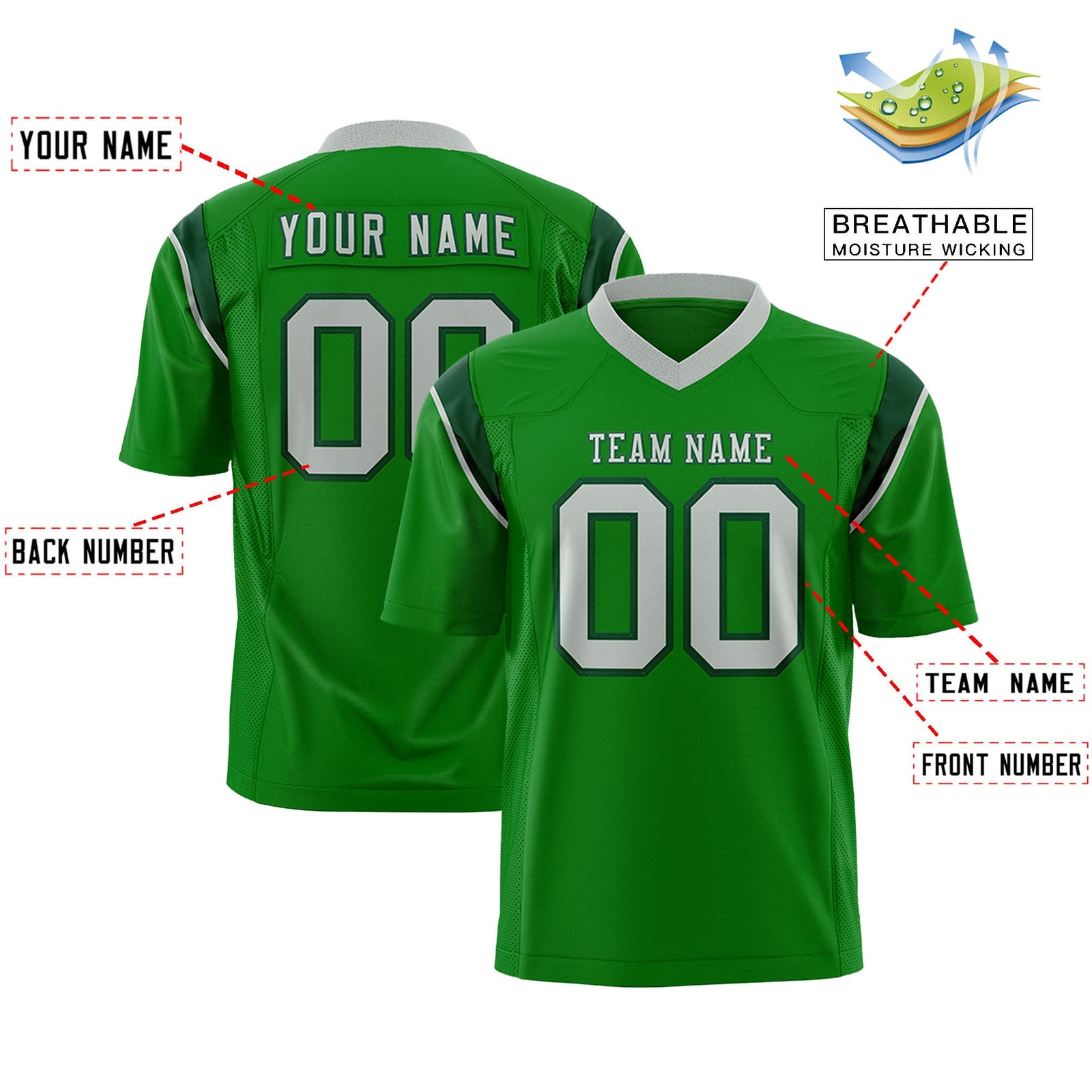 Custom Flag Football Jersey | Kelly Green Navy Color Block For Youth & Men | Add Name, Number & Logo | KXKSHOP