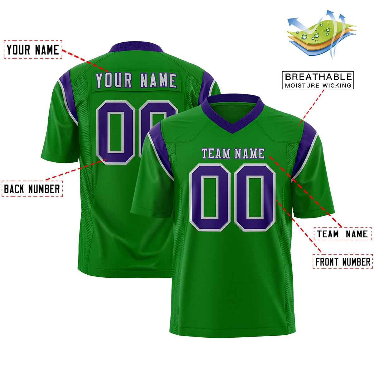 Custom Flag Football Jersey | Kelly Green Purple Color Block For Youth &amp; Men | Add Name, Number &amp; Logo | KXKSHOP