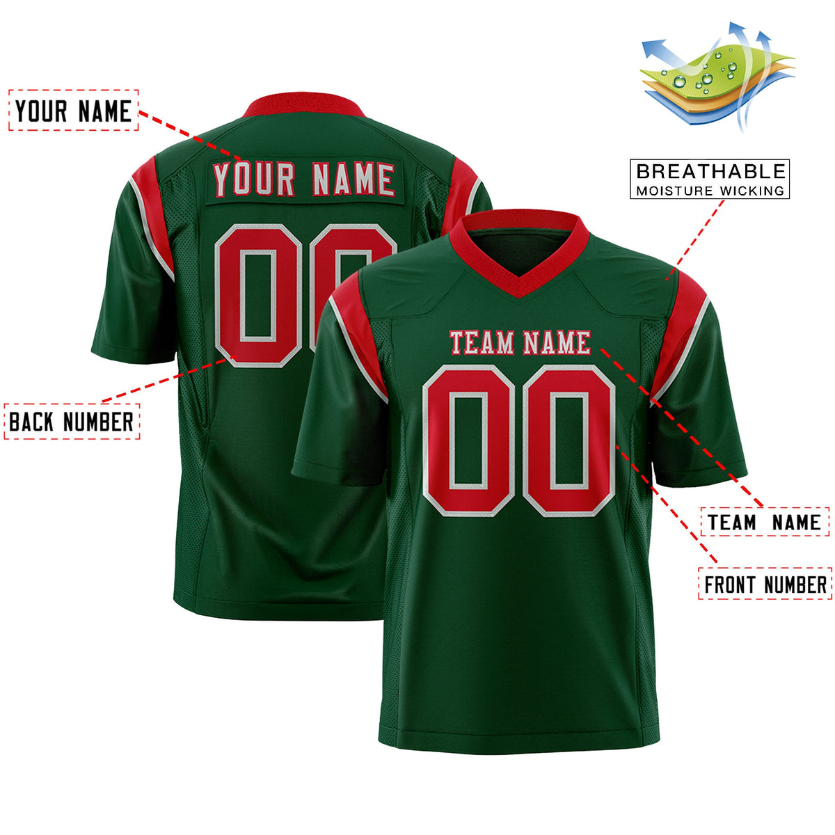 Custom Flag Football Jersey | Green Red Color Block For Youth &amp; Men | Add Name, Number &amp; Logo | KXKSHOP