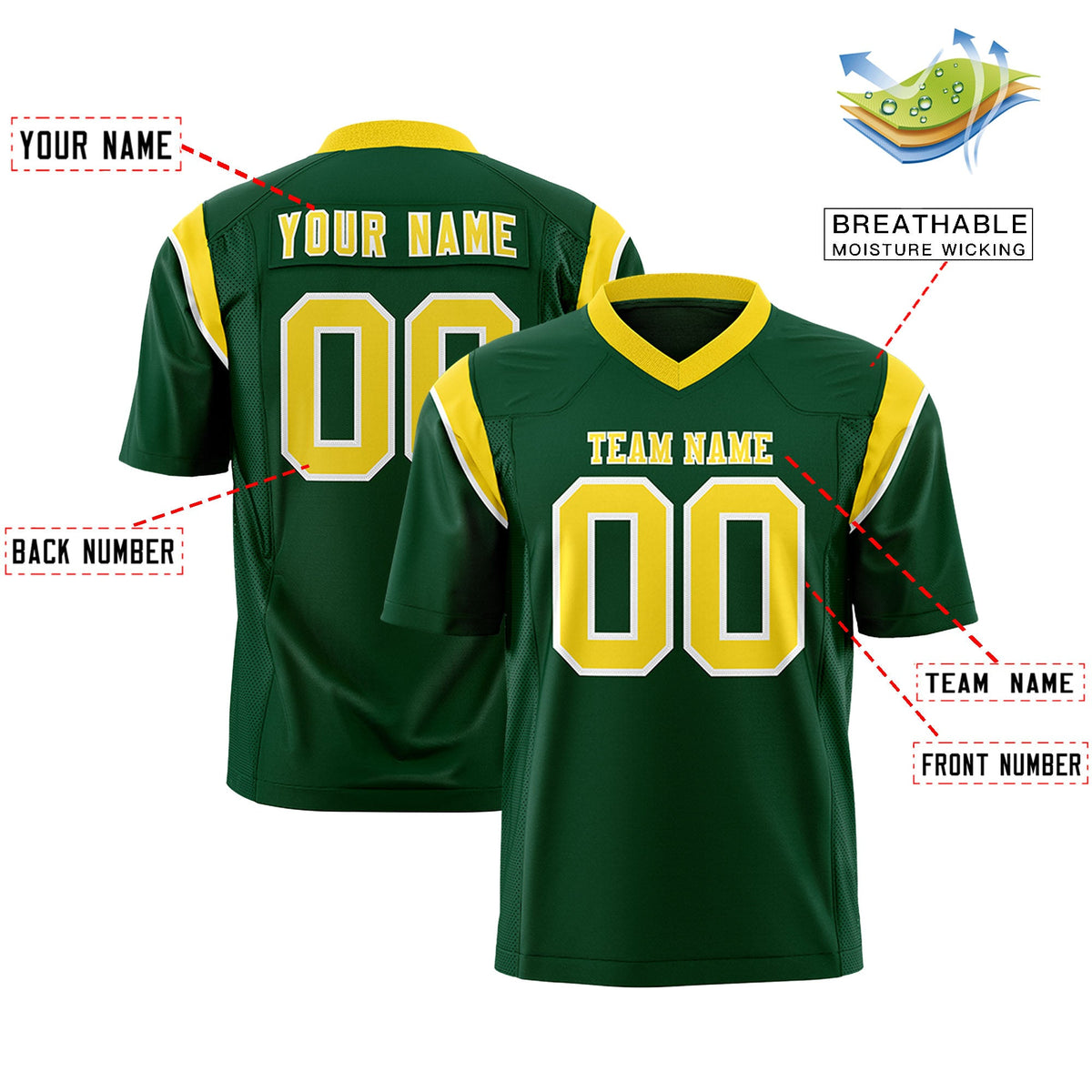 Custom Flag Football Jersey | Green Gold Color Block For Youth &amp; Men | Add Name, Number &amp; Logo | KXKSHOP