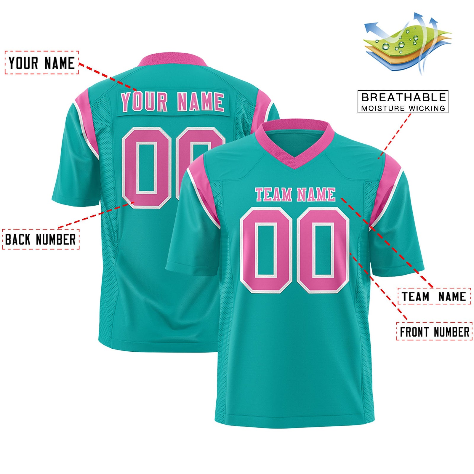 Custom Flag Football Jersey | Aqua Pink Color Block For Youth & Men | Add Name, Number & Logo | KXKSHOP