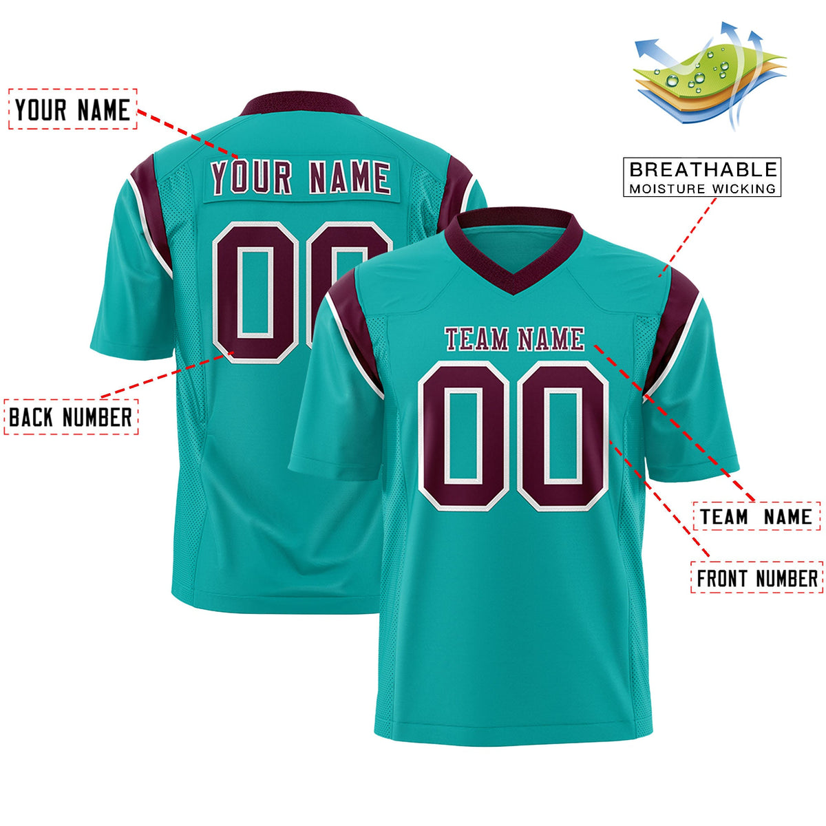 Custom Flag Football Jersey | Aqua Crimson Color Block For Youth &amp; Men | Add Name, Number &amp; Logo | KXKSHOP