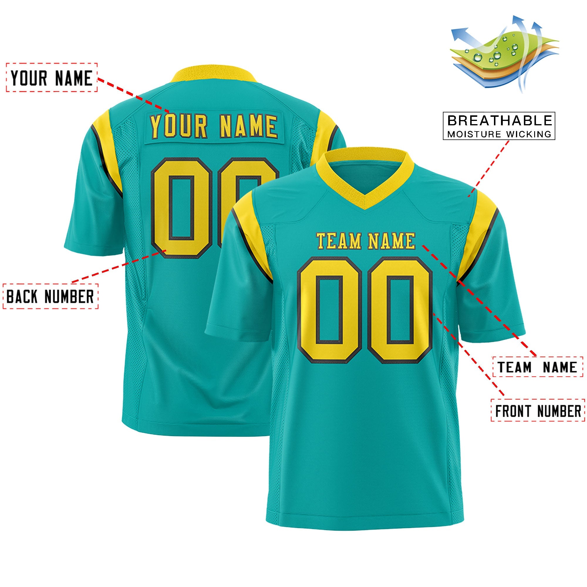 Custom Flag Football Jersey | Aqua Gold Color Block For Youth & Men | Add Name, Number & Logo | KXKSHOP