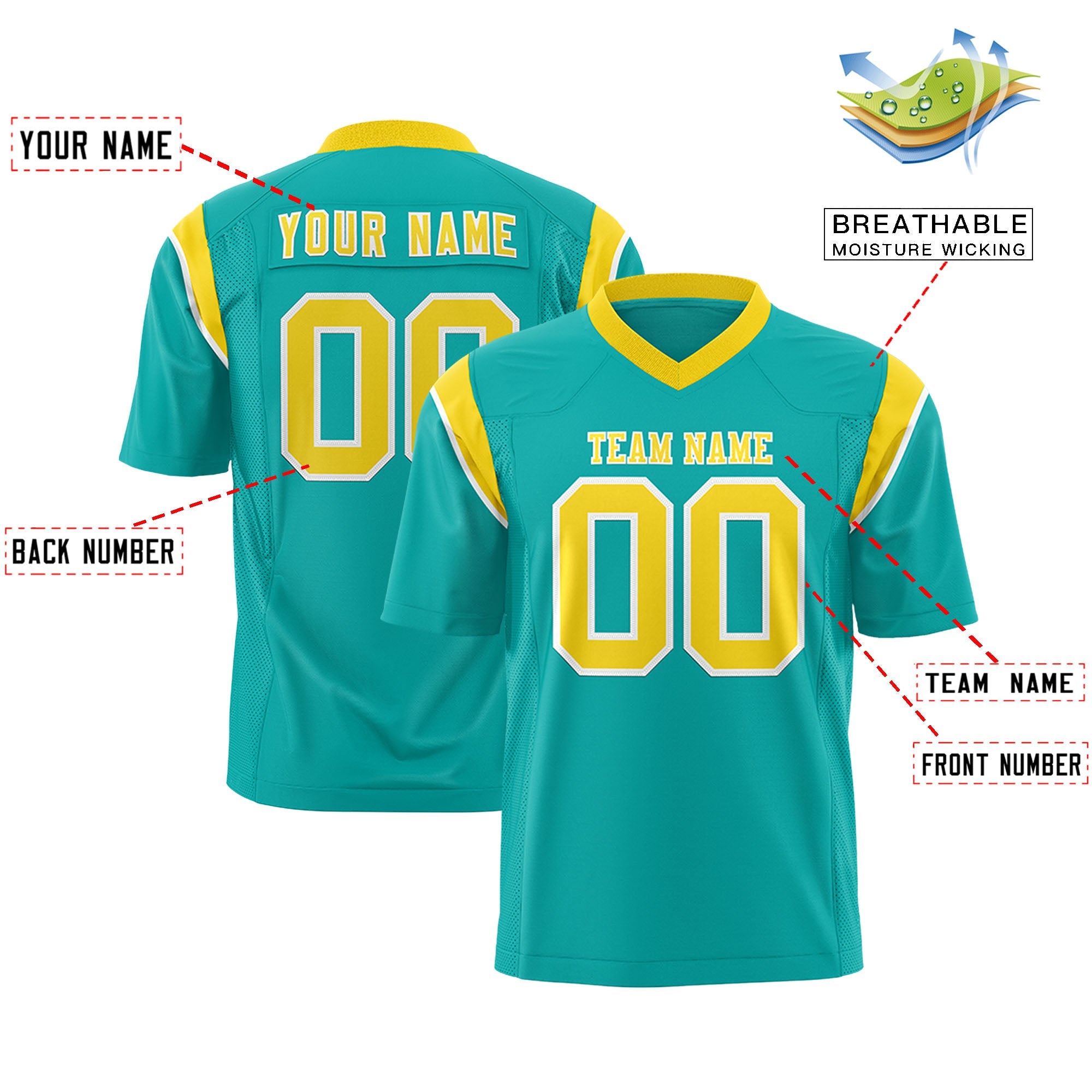 Custom Flag Football Jersey | Aqua Gold Color Block For Youth & Men | Add Name, Number & Logo | KXKSHOP