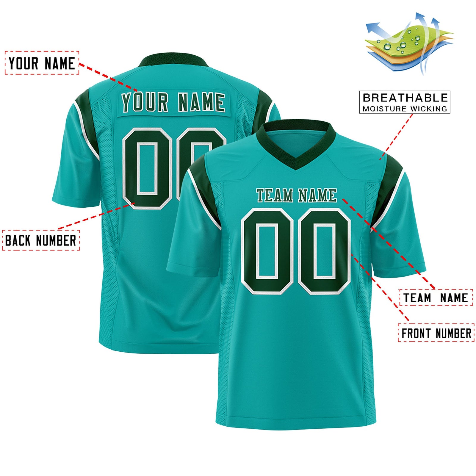 Custom Flag Football Jersey | Aqua Green Color Block For Youth & Men | Add Name, Number & Logo | KXKSHOP