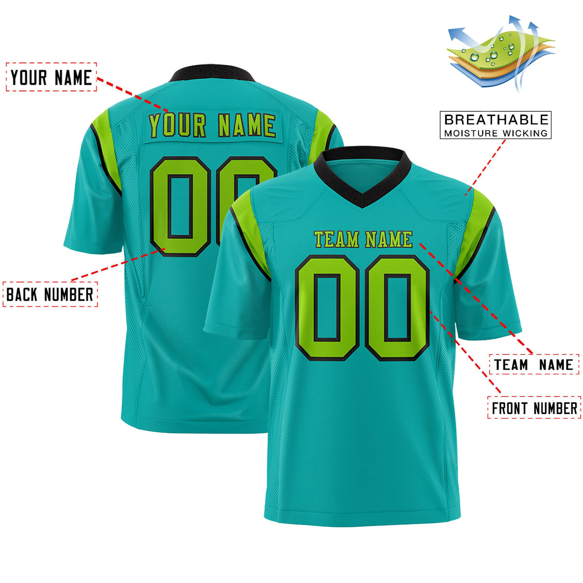Custom Flag Football Jersey | Aqua Neon Green Color Block For Youth &amp; Men | Add Name, Number &amp; Logo | KXKSHOP