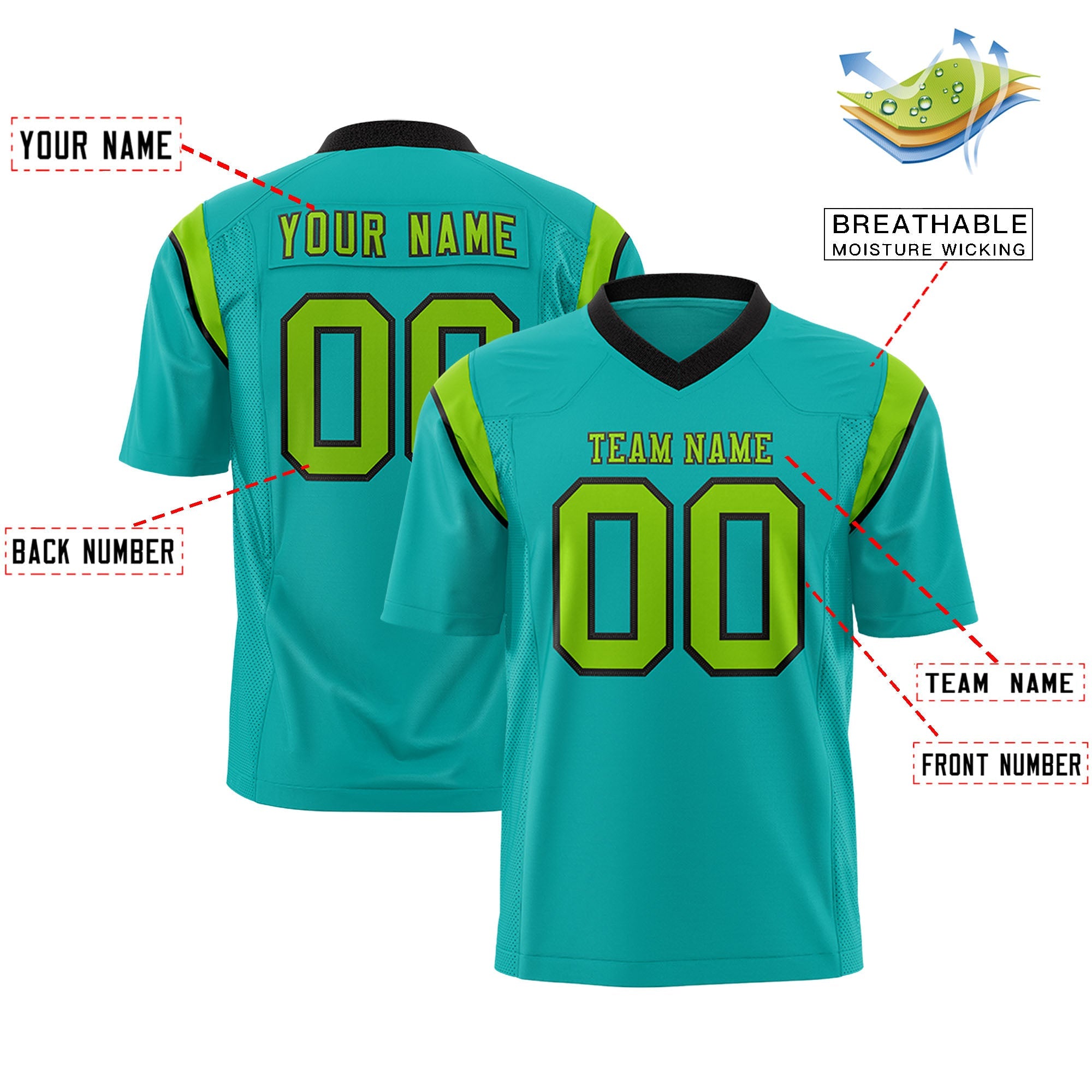 Custom Flag Football Jersey | Aqua Neon Green Color Block For Youth & Men | Add Name, Number & Logo | KXKSHOP