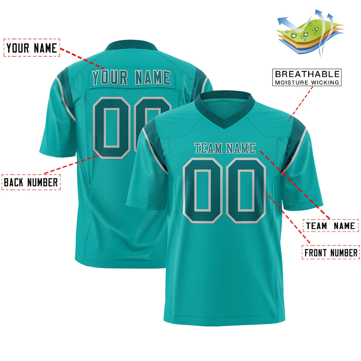 Custom Flag Football Jersey | Aqua Aqua Color Block For Youth &amp; Men | Add Name, Number &amp; Logo | KXKSHOP