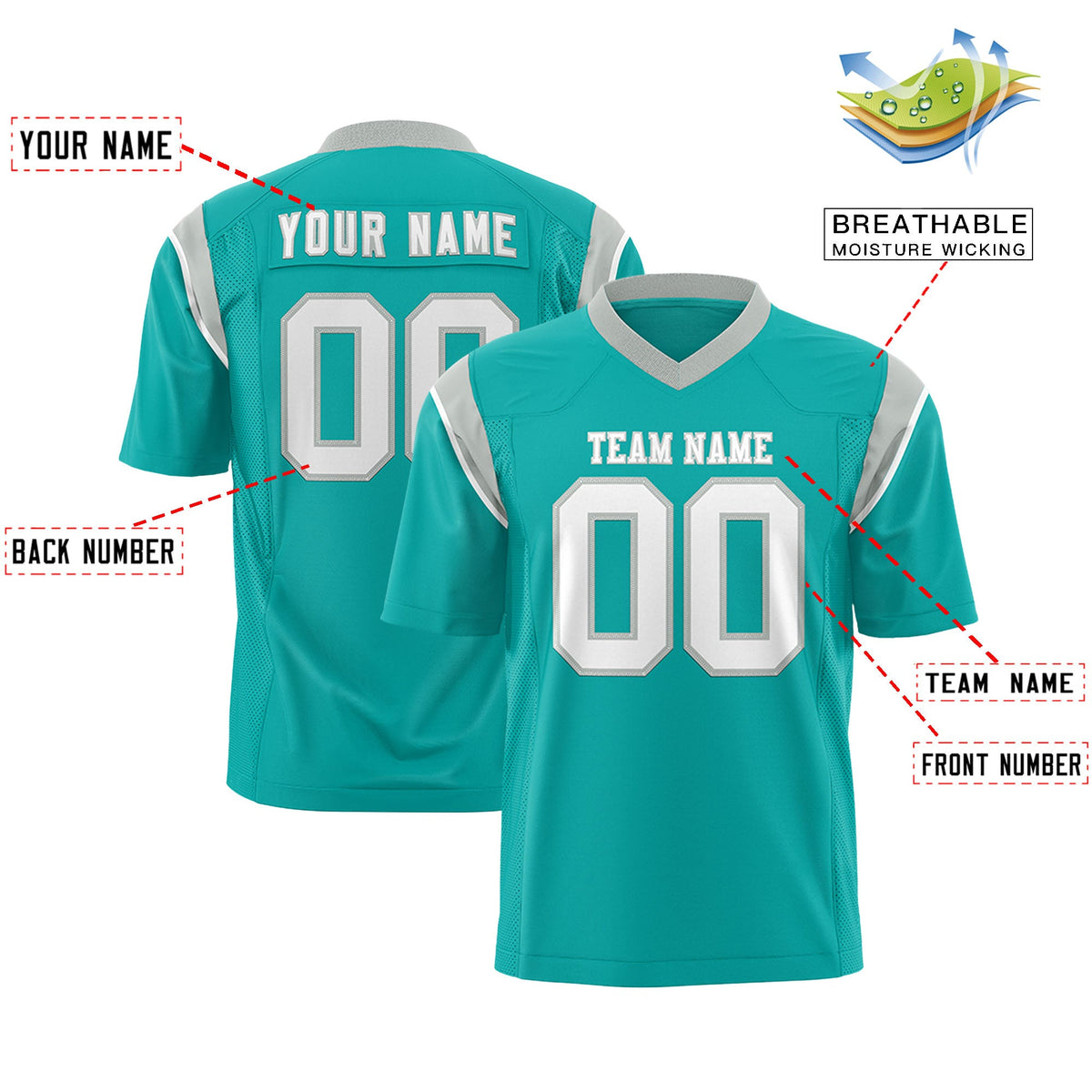 Custom Flag Football Jersey | Aqua White Color Block For Youth &amp; Men | Add Name, Number &amp; Logo | KXKSHOP
