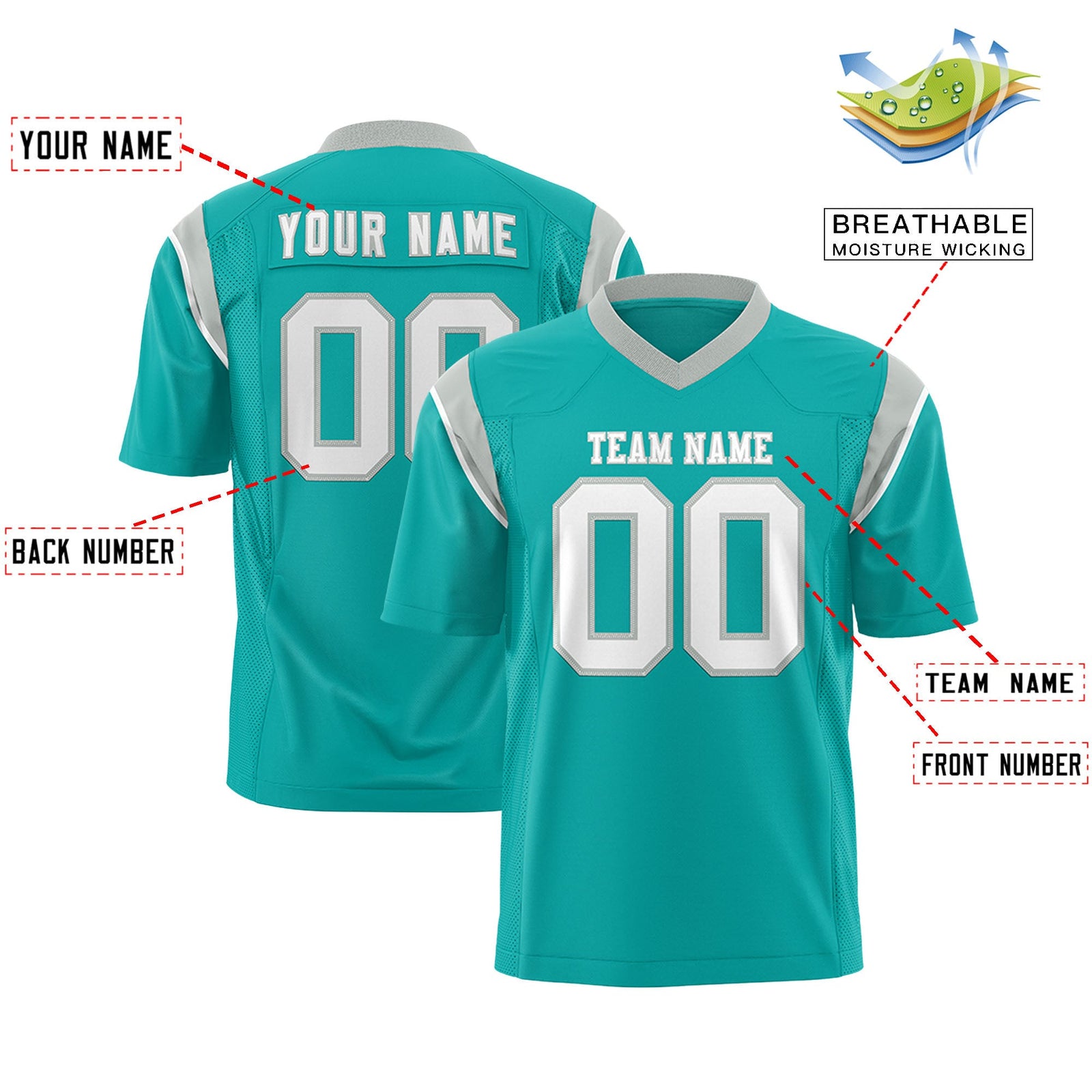 Custom Flag Football Jersey | Aqua White Color Block For Youth & Men | Add Name, Number & Logo | KXKSHOP