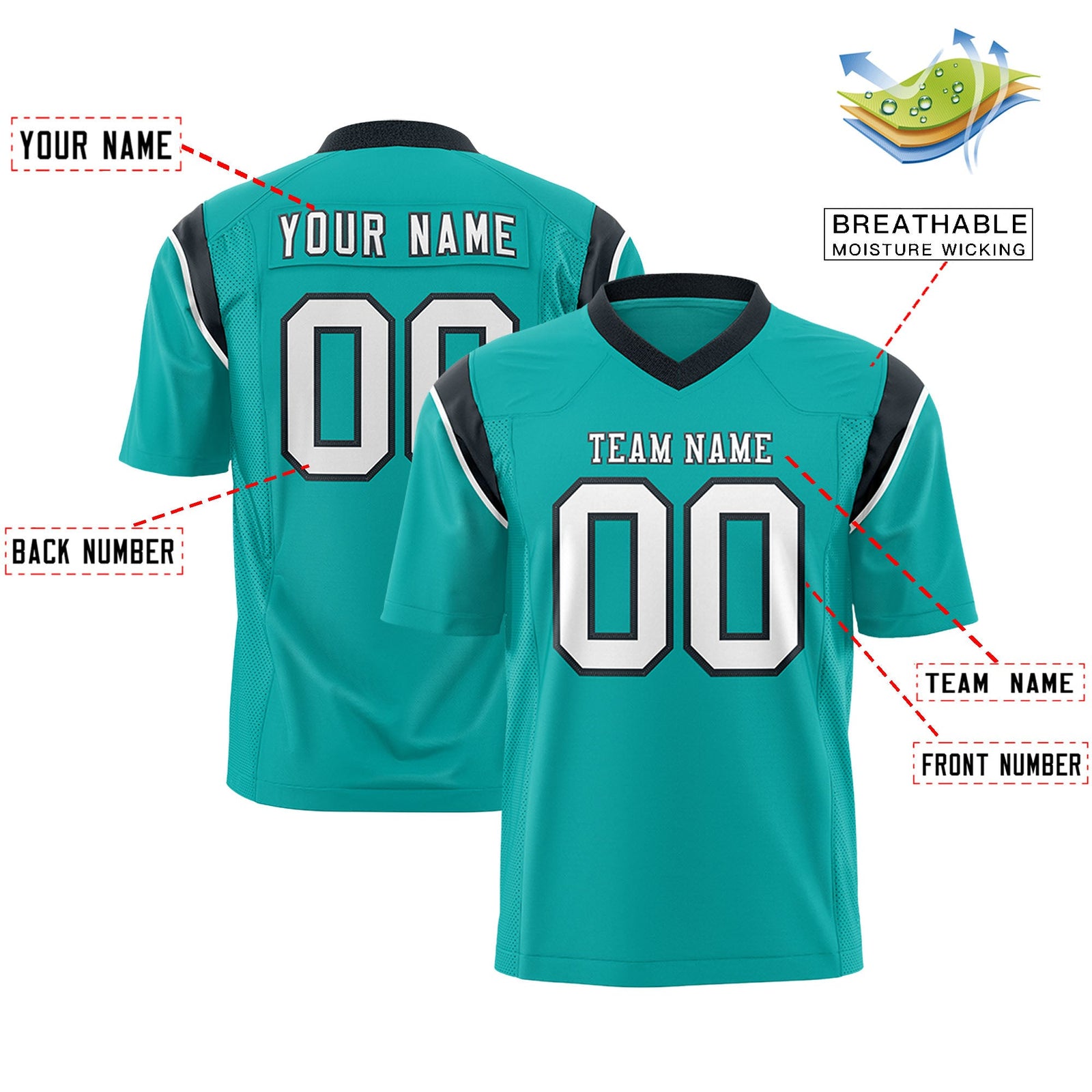 Custom Flag Football Jersey | Aqua Black Color Block For Youth & Men | Add Name, Number & Logo | KXKSHOP