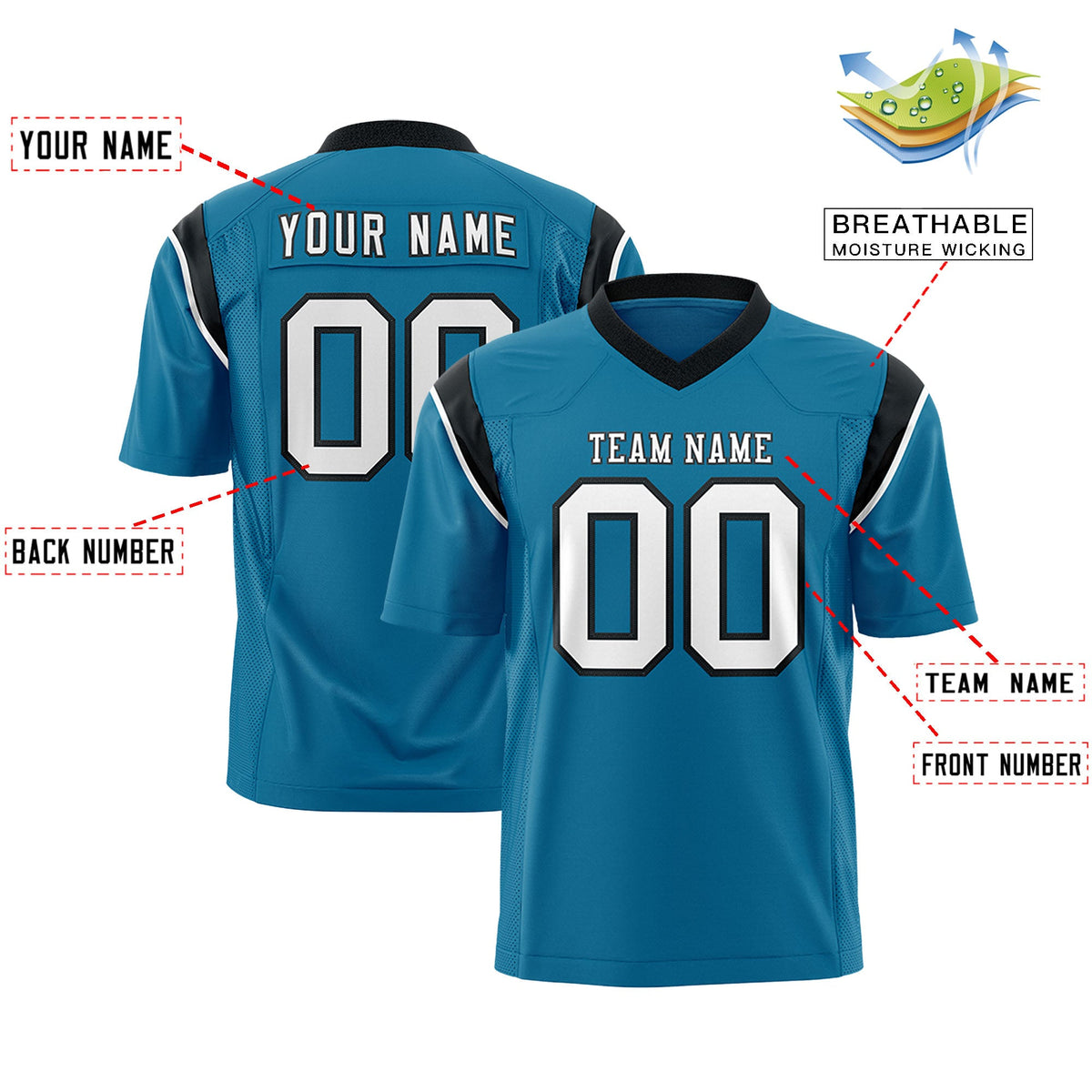 Custom Flag Football Jersey | Aqua Black Color Block For Youth &amp; Men | Add Name, Number &amp; Logo | KXKSHOP