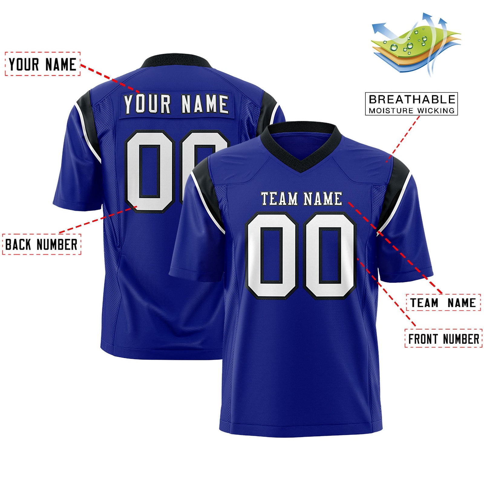Custom Flag Football Jersey | Royal Black Color Block For Youth & Men | Add Name, Number & Logo | KXKSHOP